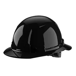 A shiny black hard hat with a front brim and adjustable strap.