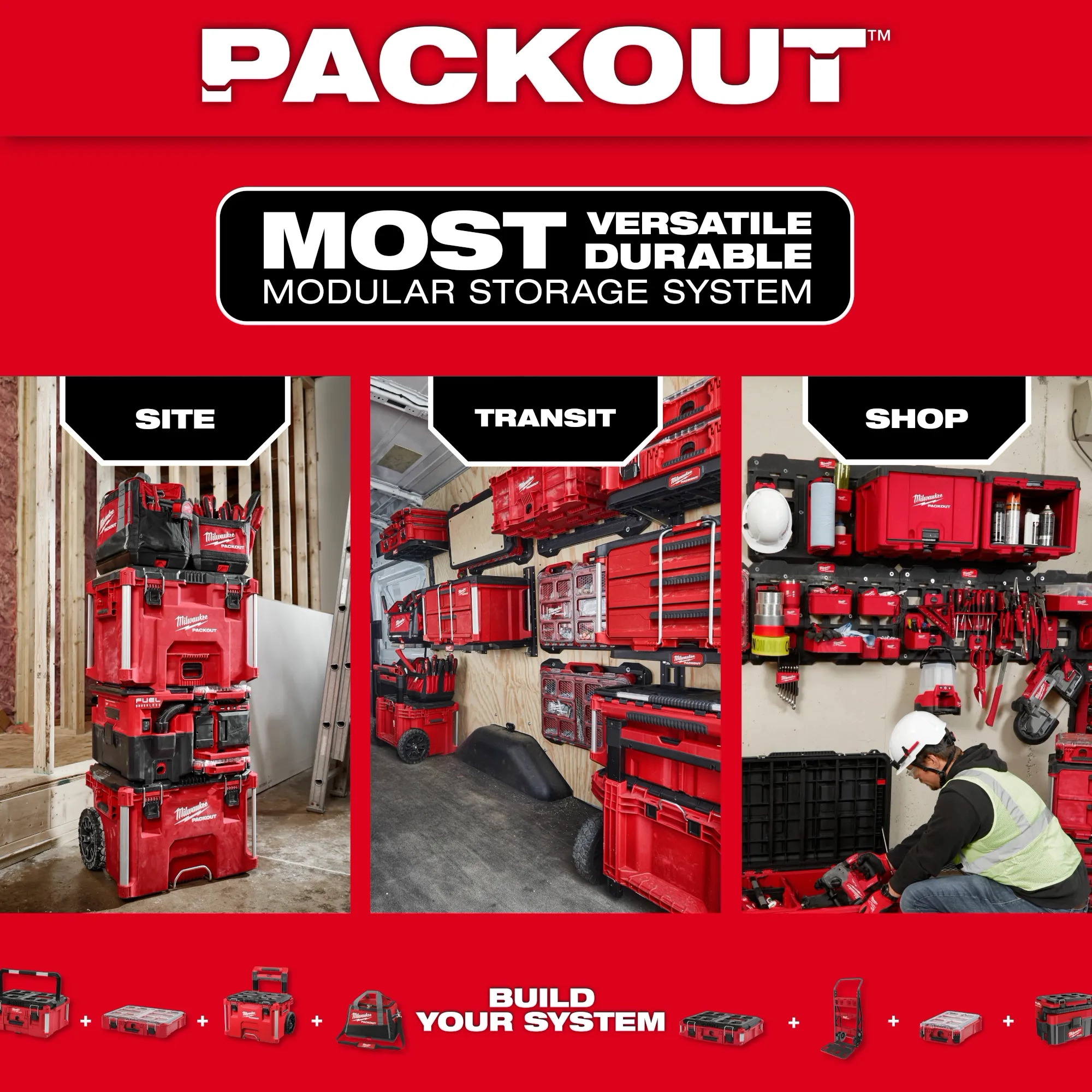 Image highlighting the site, transit, shop use cases for the PACKOUT Modular Storage System