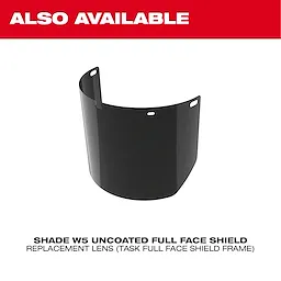 Image of a Shade W5 uncoated full face shield with text "Also Available" and product details below.