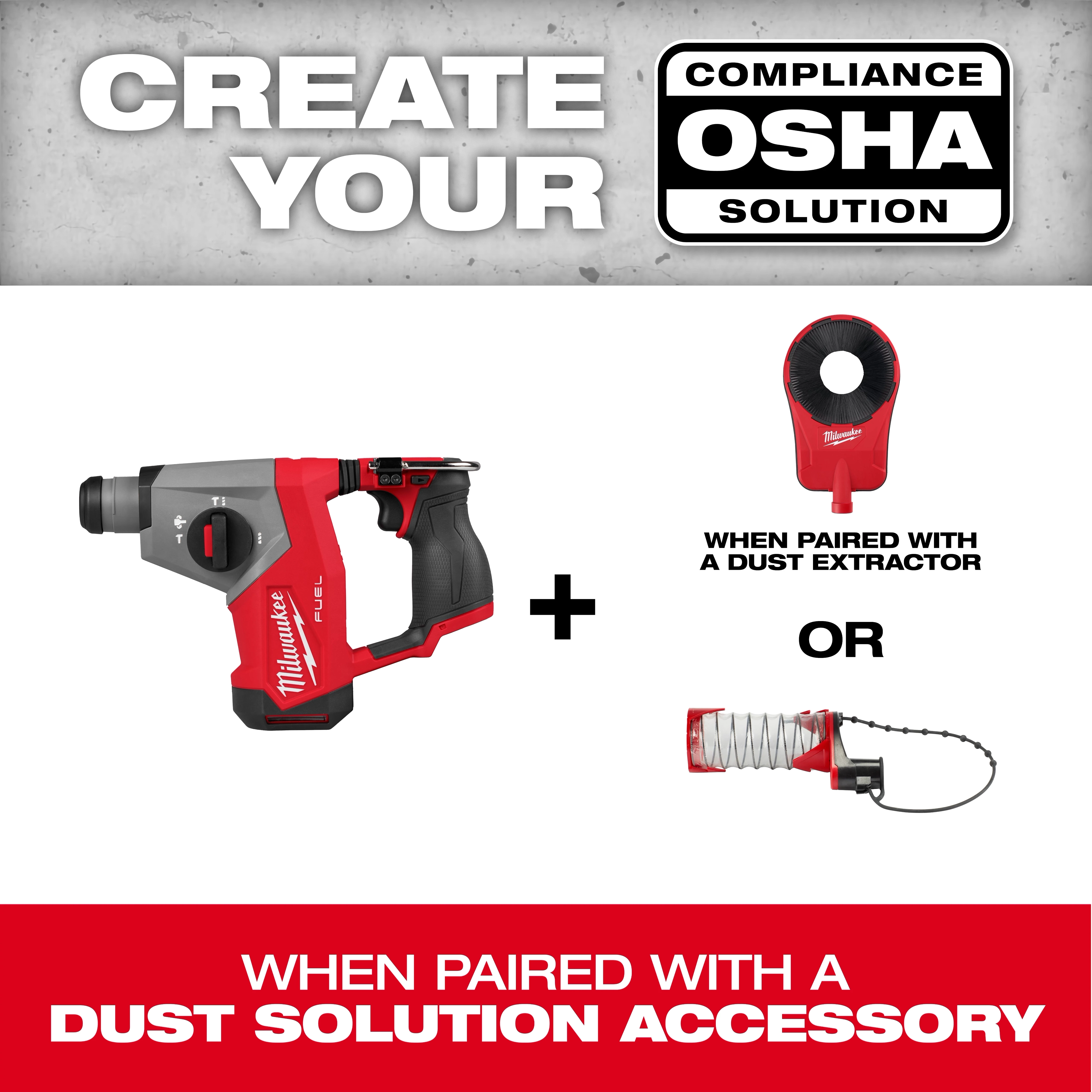 "Create Your OSHA Compliance Solution - Red and black power tool with two dust extractor accessories."