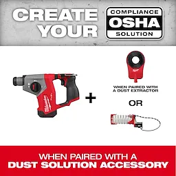 "Create Your OSHA Compliance Solution - Red and black power tool with two dust extractor accessories."