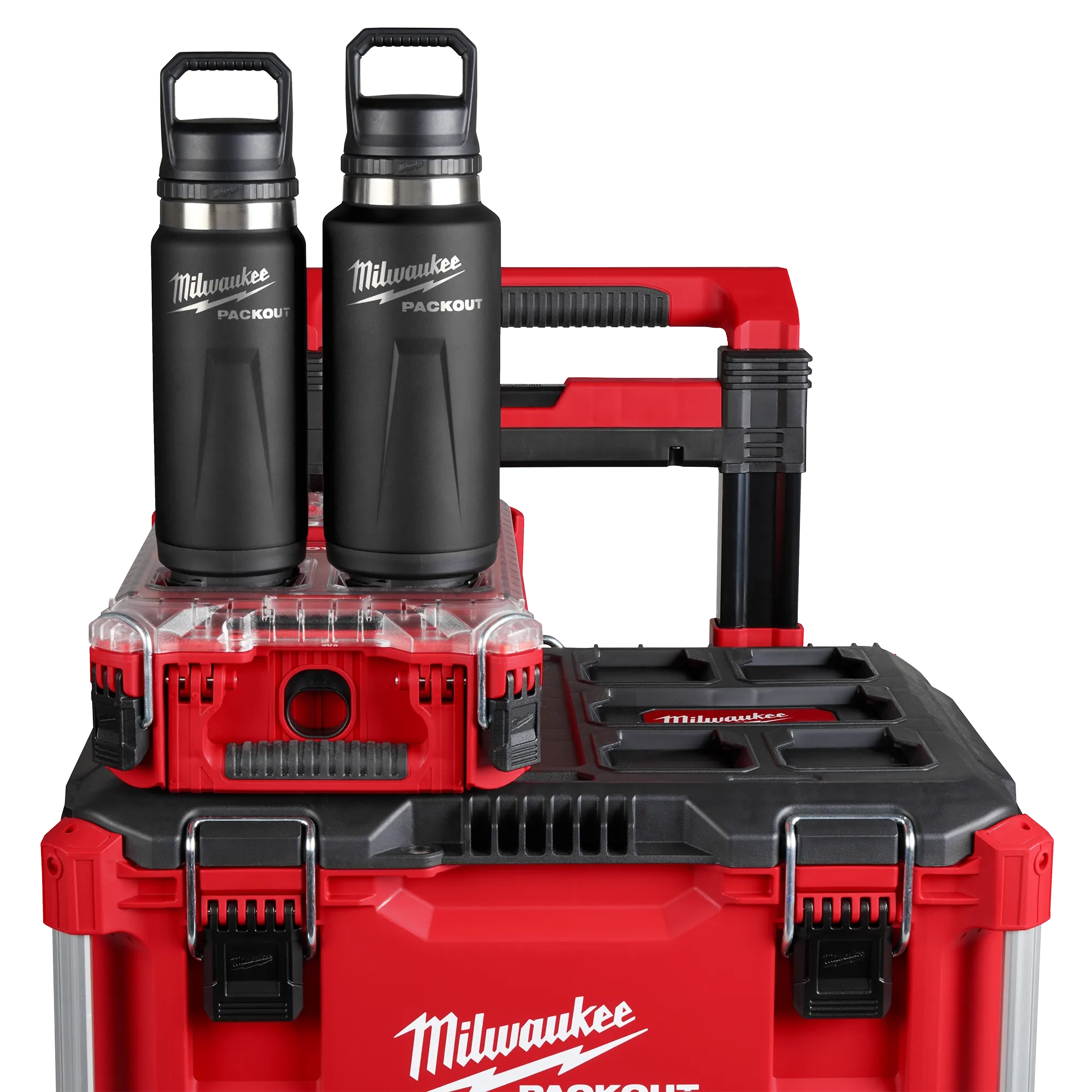 Image of the Milwaukee PACKOUT Insulated Bottles in black sitting on top of the PACKOUT Modular Storage System