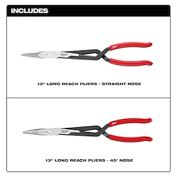 Includes (1) straight nose and (1) 45 degrees 13" long reach pliers