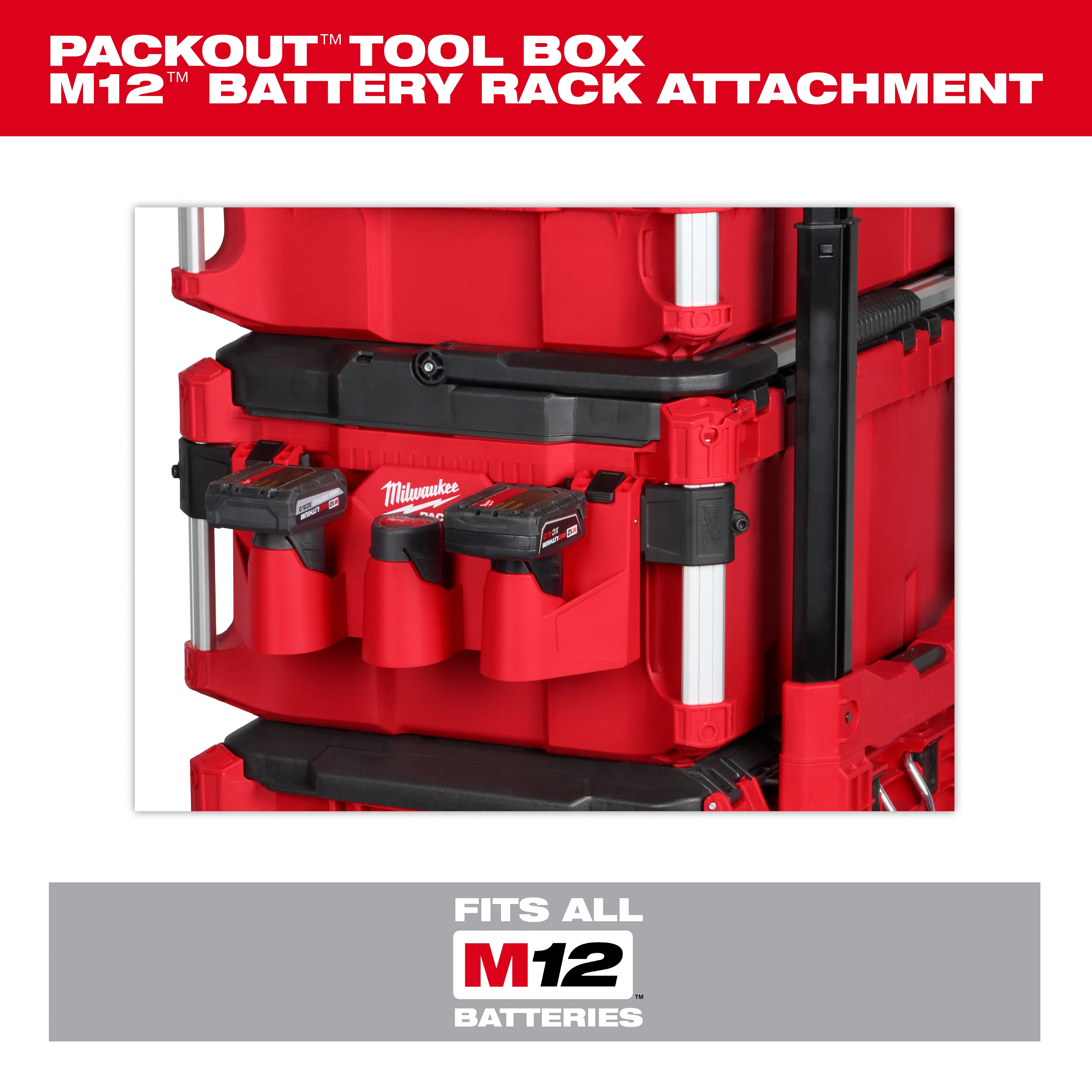 The image displays a "Milwaukee Packout Tool Box" with an "M12 Battery Rack Attachment." The battery rack attachment is shown holding two M12 batteries. The text at the bottom reads, "Fits all M12 batteries" on a gray background. The tool box is red with black accents.