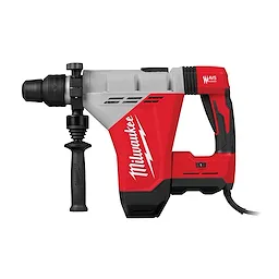 Red and gray Milwaukee power drill with a black handle and cord.