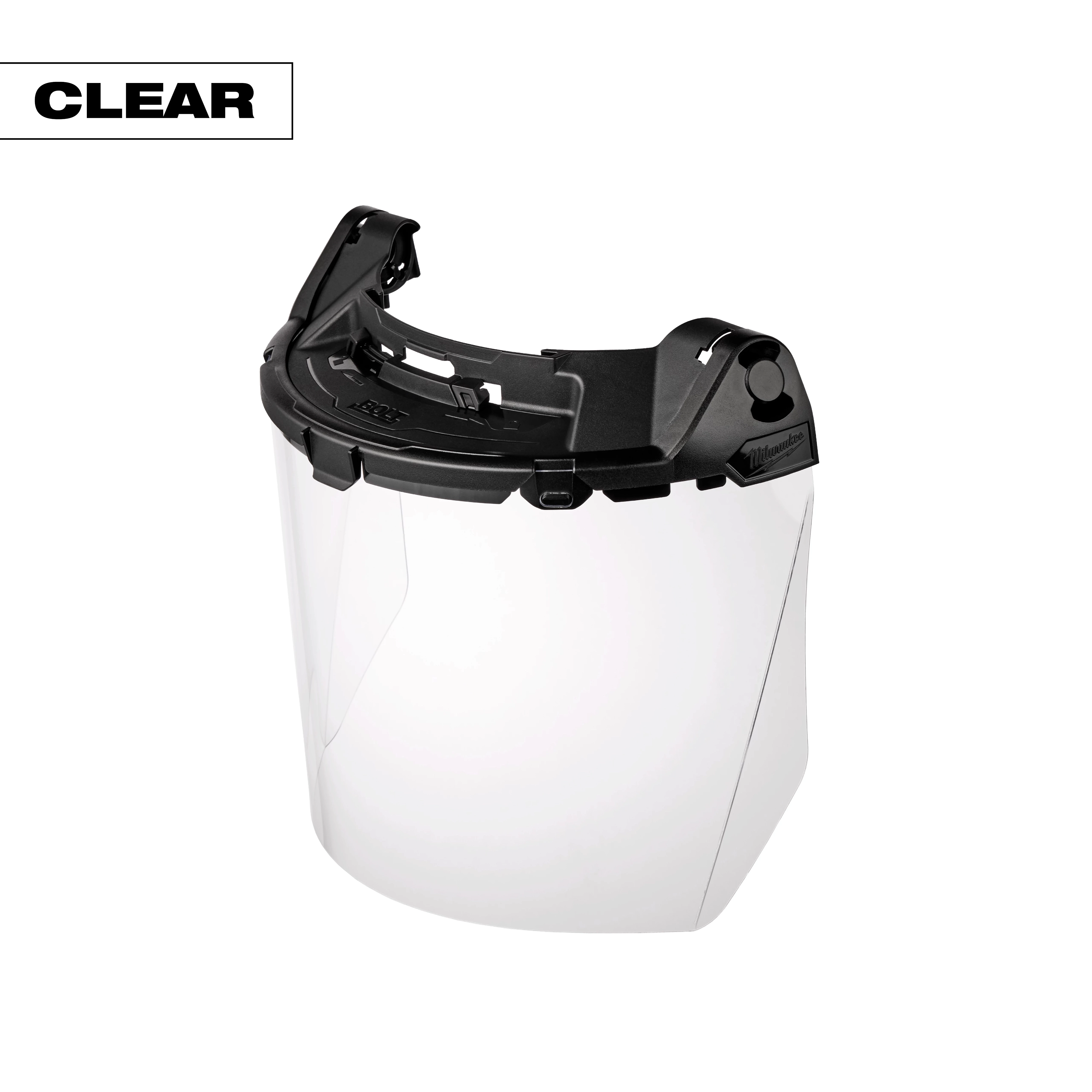 Clear face shield with a black frame and adjustable headgear.