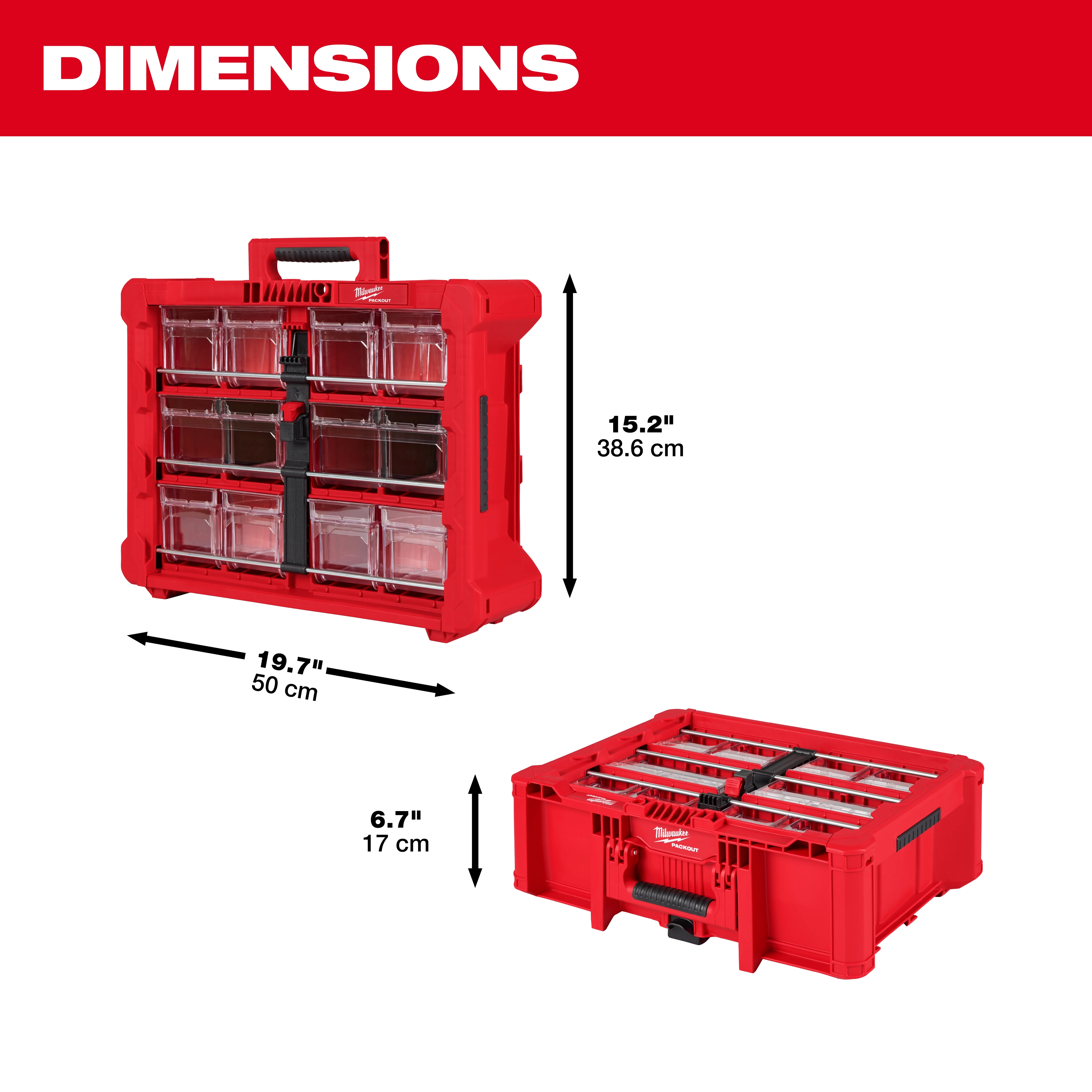 Image showing dimensions of the PACKOUT™ Tilt Bin Organizer in red, with two views: upright and laid flat. Dimensions are 19.7 inches (50 cm) wide, 15.2 inches (38.6 cm) high, and 6.7 inches (17 cm) deep. The text "DIMENSIONS" is in bold at the top.