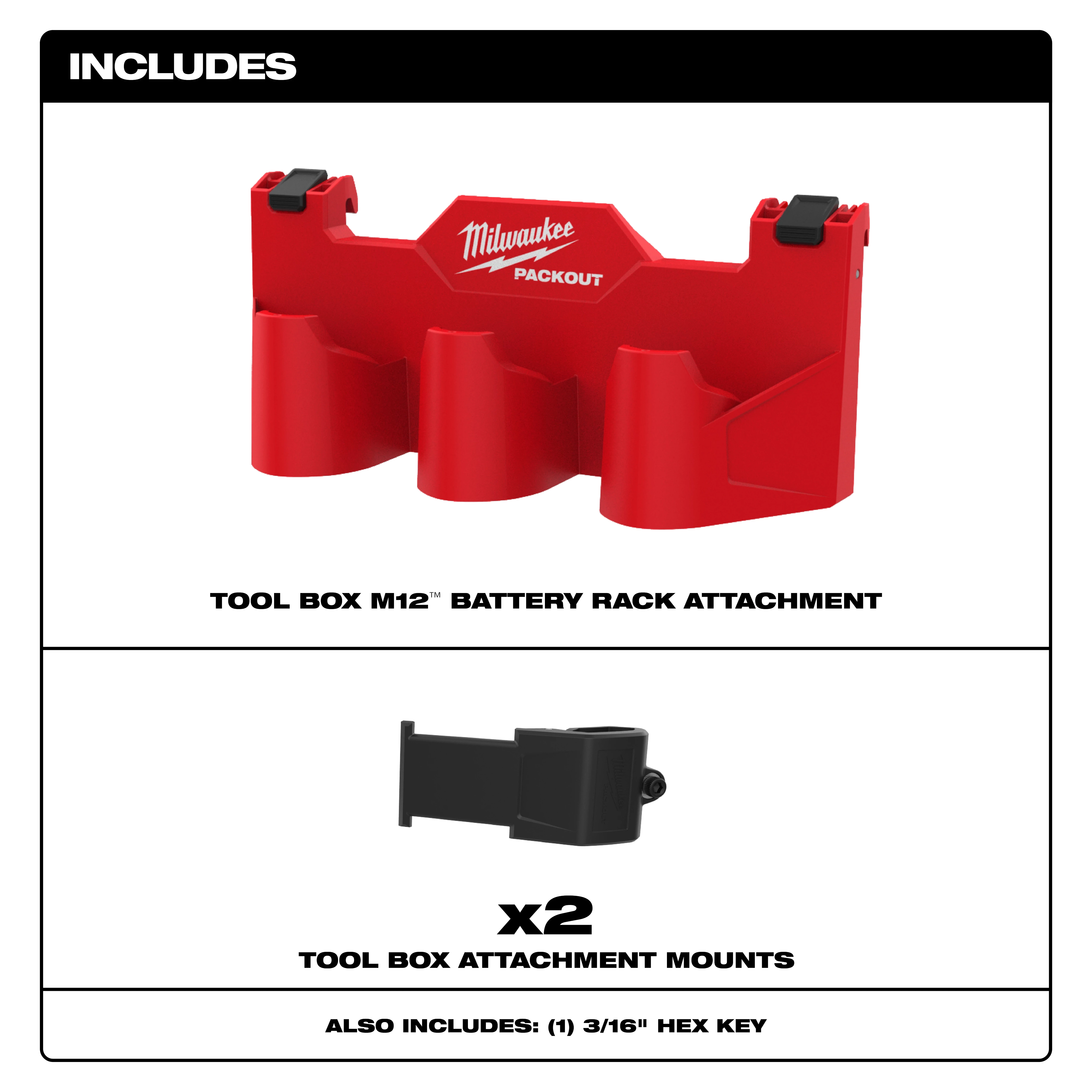 The image displays the included contents for a Milwaukee Packout tool box: one M12 battery rack attachment, two attachment mounts, and one 3/16" hex key.