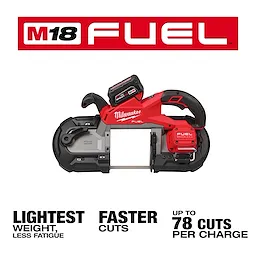 Milwaukee M18 Fuel band saw, features include lightest weight, faster cuts, and up to 78 cuts per charge.