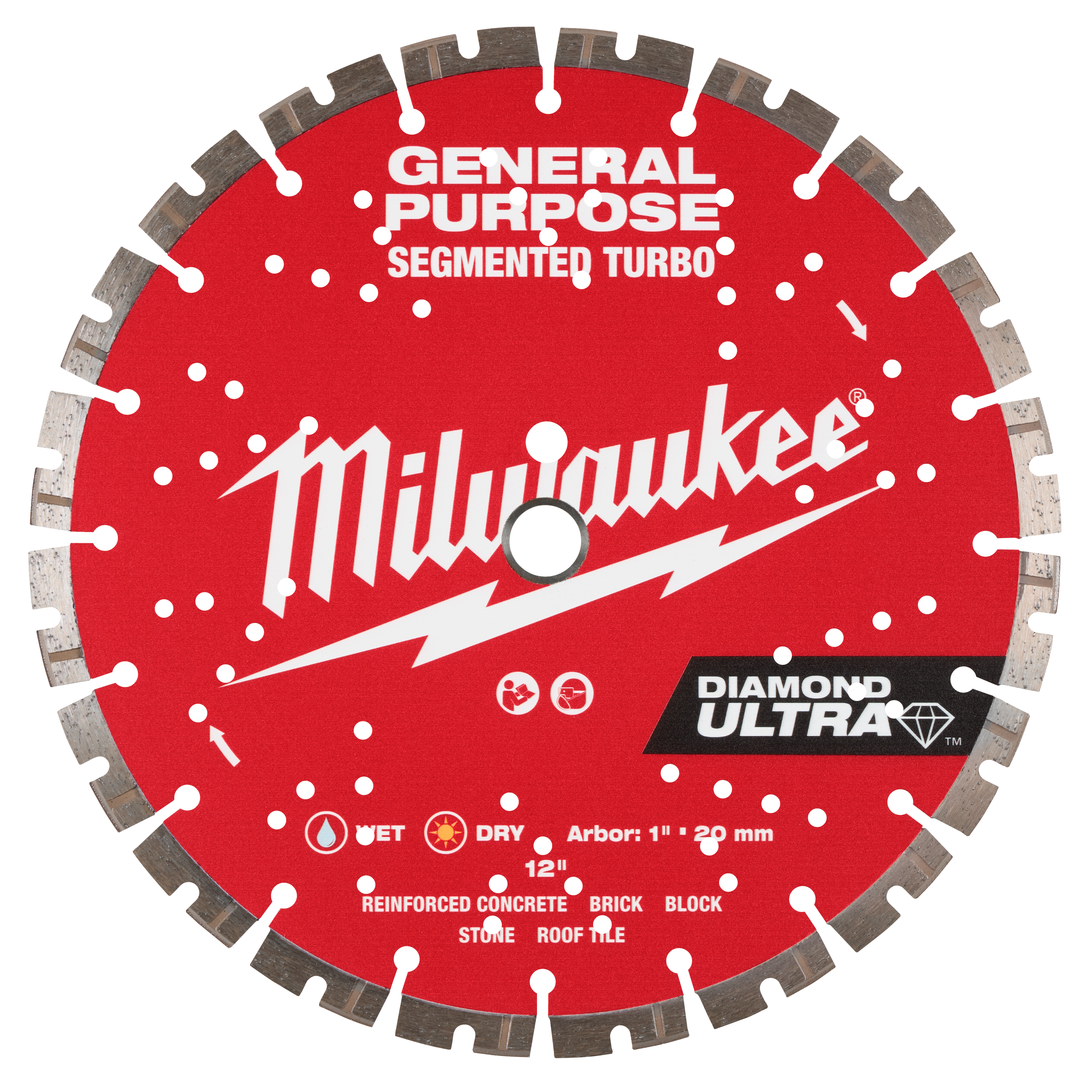 Image of a 12" DIAMOND ULTRA™ Segmented Turbo, General Purpose Diamond Blade. The red blade has "Milwaukee" branding, and is designed for cutting reinforced concrete, brick, block, stone, and roof tile. It features a segmented edge with measurement specifications listed.