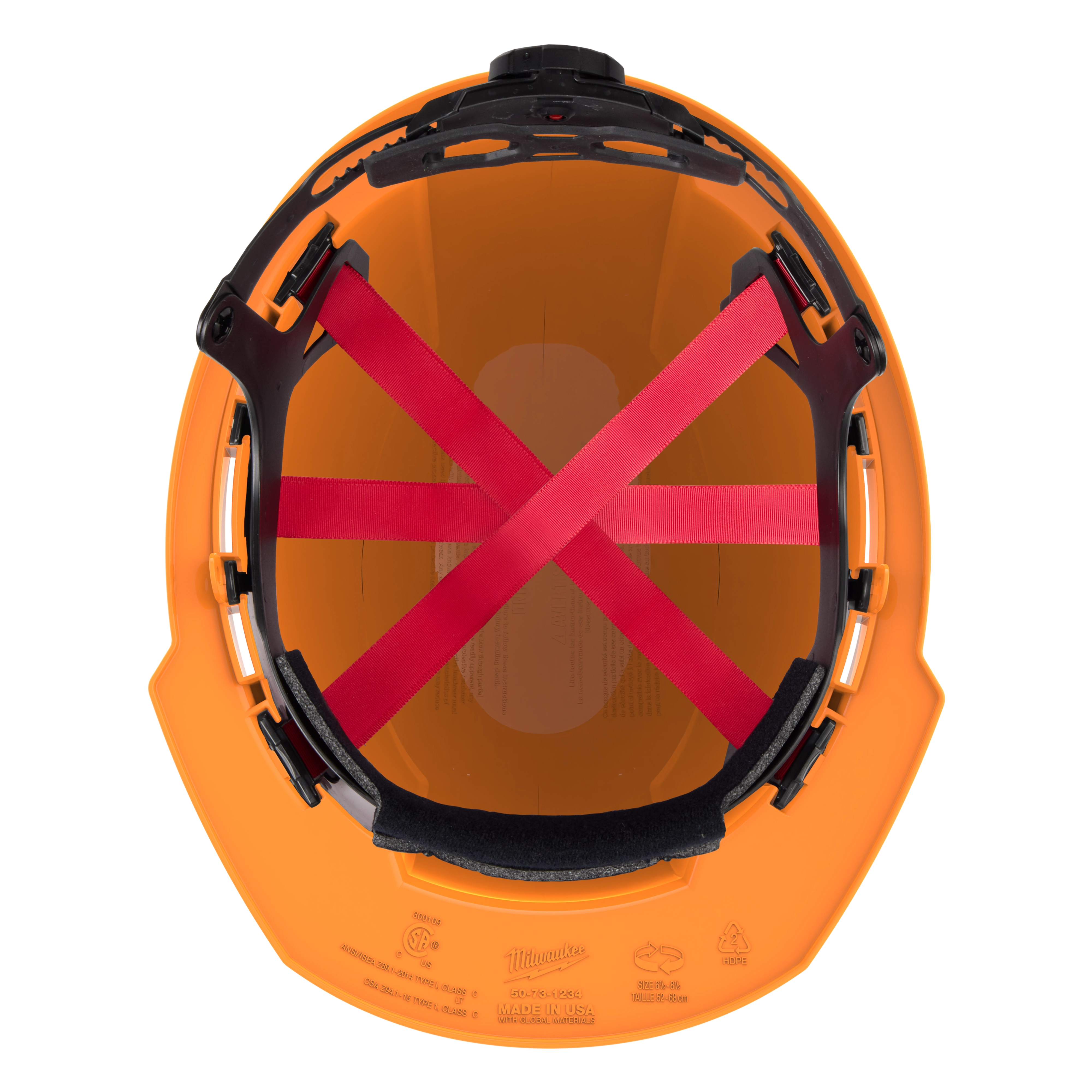 Top view of an orange safety helmet with red interior straps and black padding.