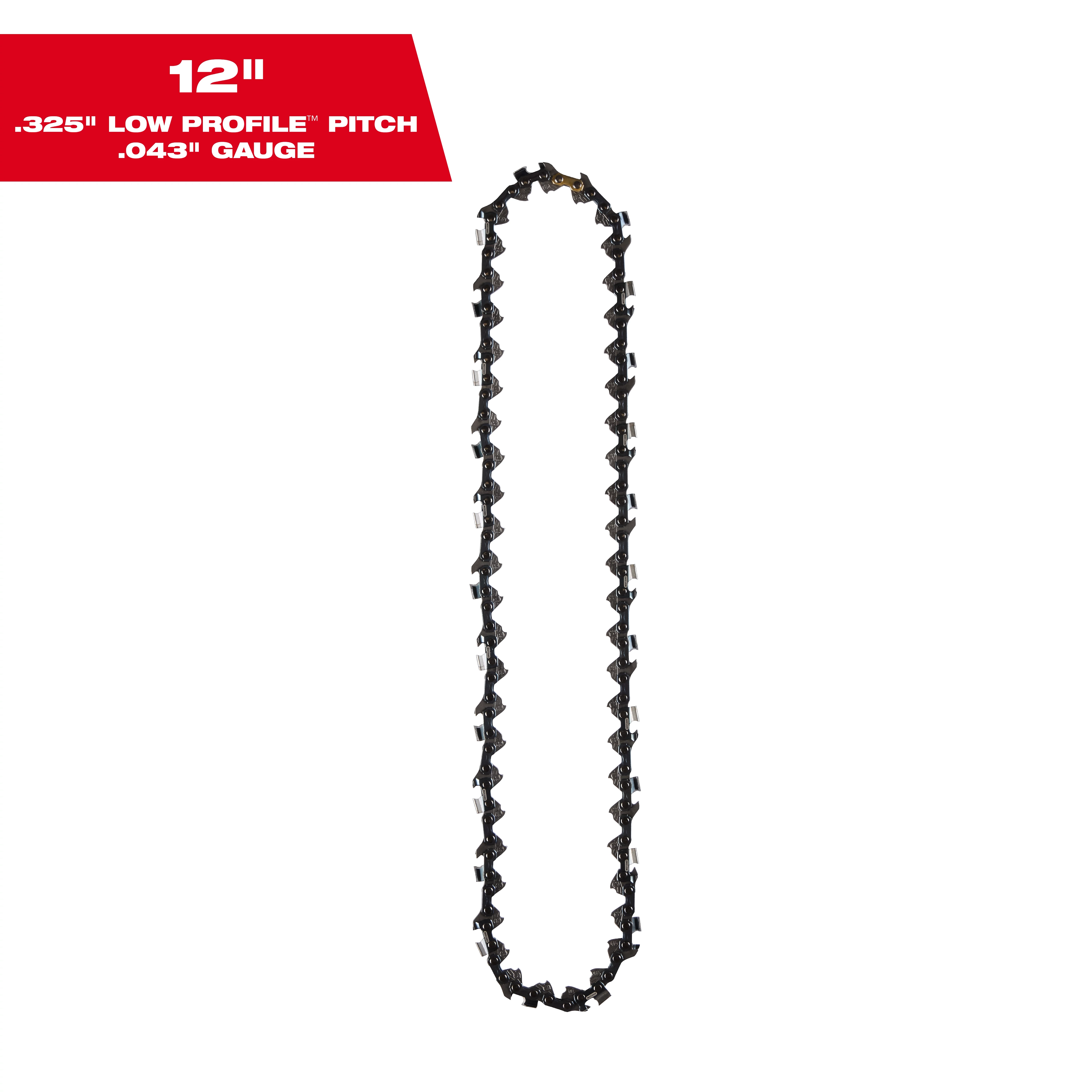 A black 12-inch chainsaw chain with a .325" low profile pitch and .043" gauge, is displayed vertically. The specifications are written in white text on a red rectangular background in the top left corner of the image.