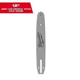 Image of a Milwaukee chainsaw bar. The bar is gray with the Milwaukee logo and lightning bolt design on it. It is labeled as 12 inches in length with a .325" low profile pitch and .043" gauge. The measurement specifications are displayed in a red rectangular box at the top left corner of the image.