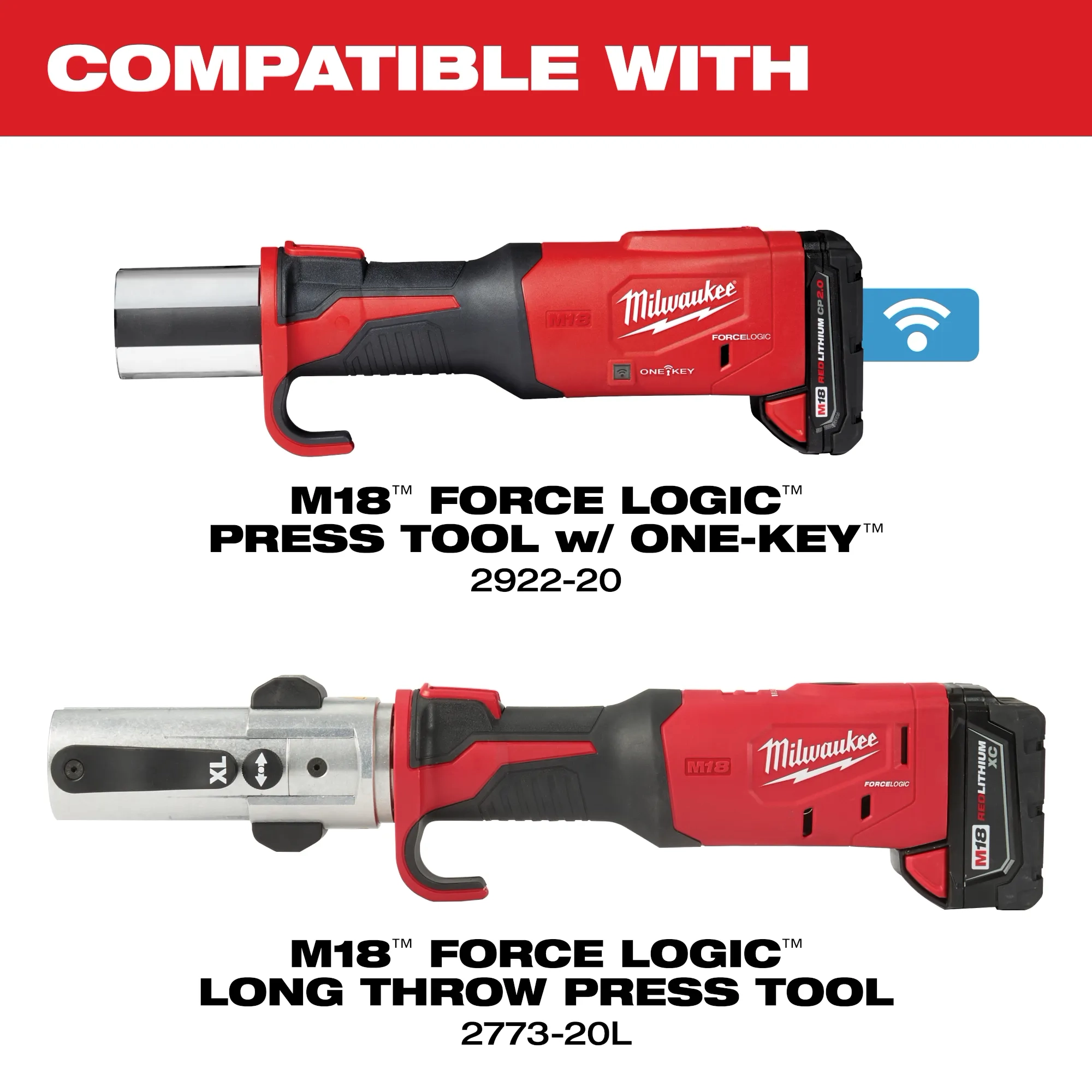 Image of the Milwaukee M18 Force Logic Press Tool w/ONE-KEY and M18 Force Logic Long Throw Press Tool with the text "Compatible With"