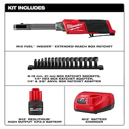 Kit includes the INSIDER Extended Reach Box Ratchet, Sockets & Adapters, CP2.5 M12 Battery, and M12 Battery Charger