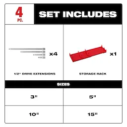 Includes image of the Milwaukee 4pc 1/2” Drive Extension Set