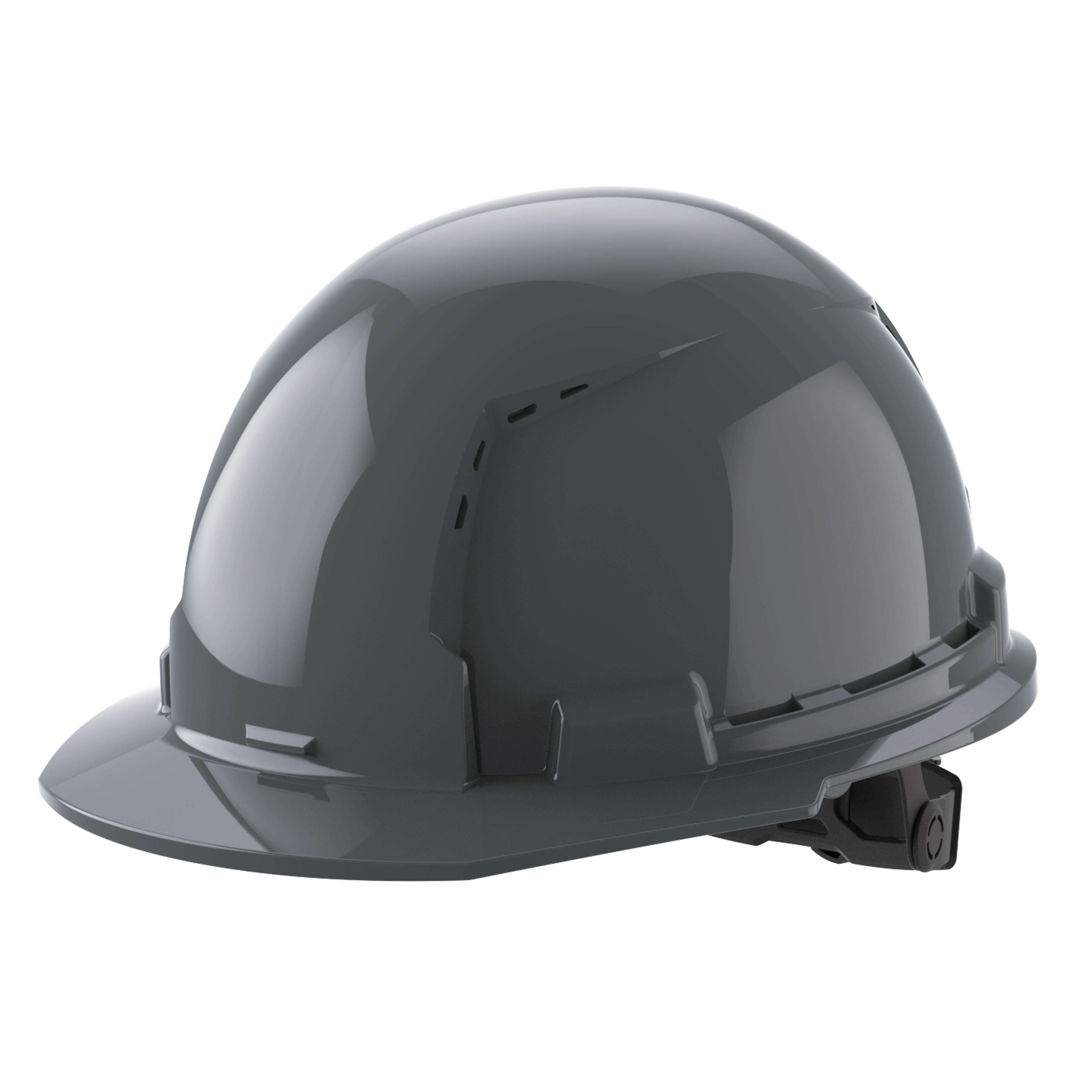 Gray safety helmet with side ventilation slots and an adjustable strap at the back.