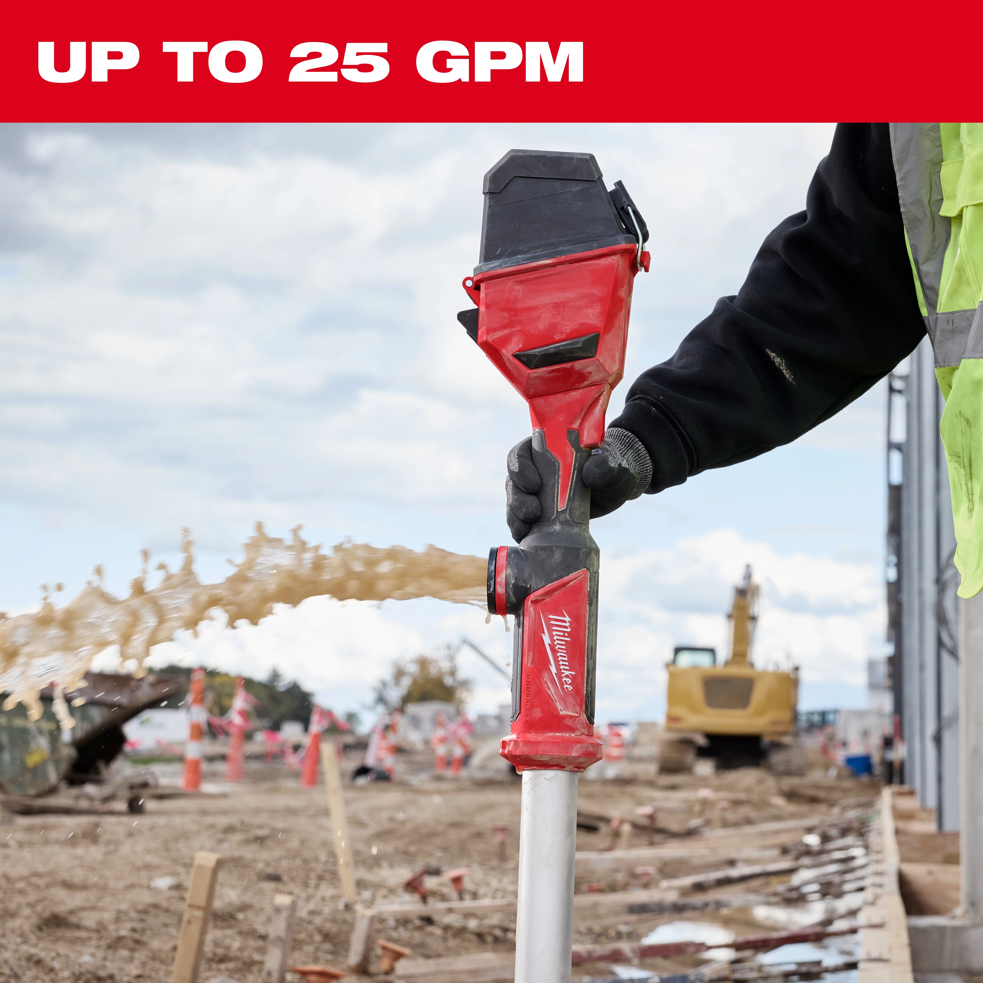 A person operates the M18™ Brushless Stick Transfer Pump, seen transferring liquid at a construction site with machinery in the background. The image has text at the top indicating "UP TO 25 GPM."