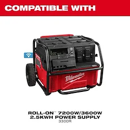 Image of the Milwaukee ROLL-ON 7200W/3600W 2.5KWH Power Supply with the text "compatible with"