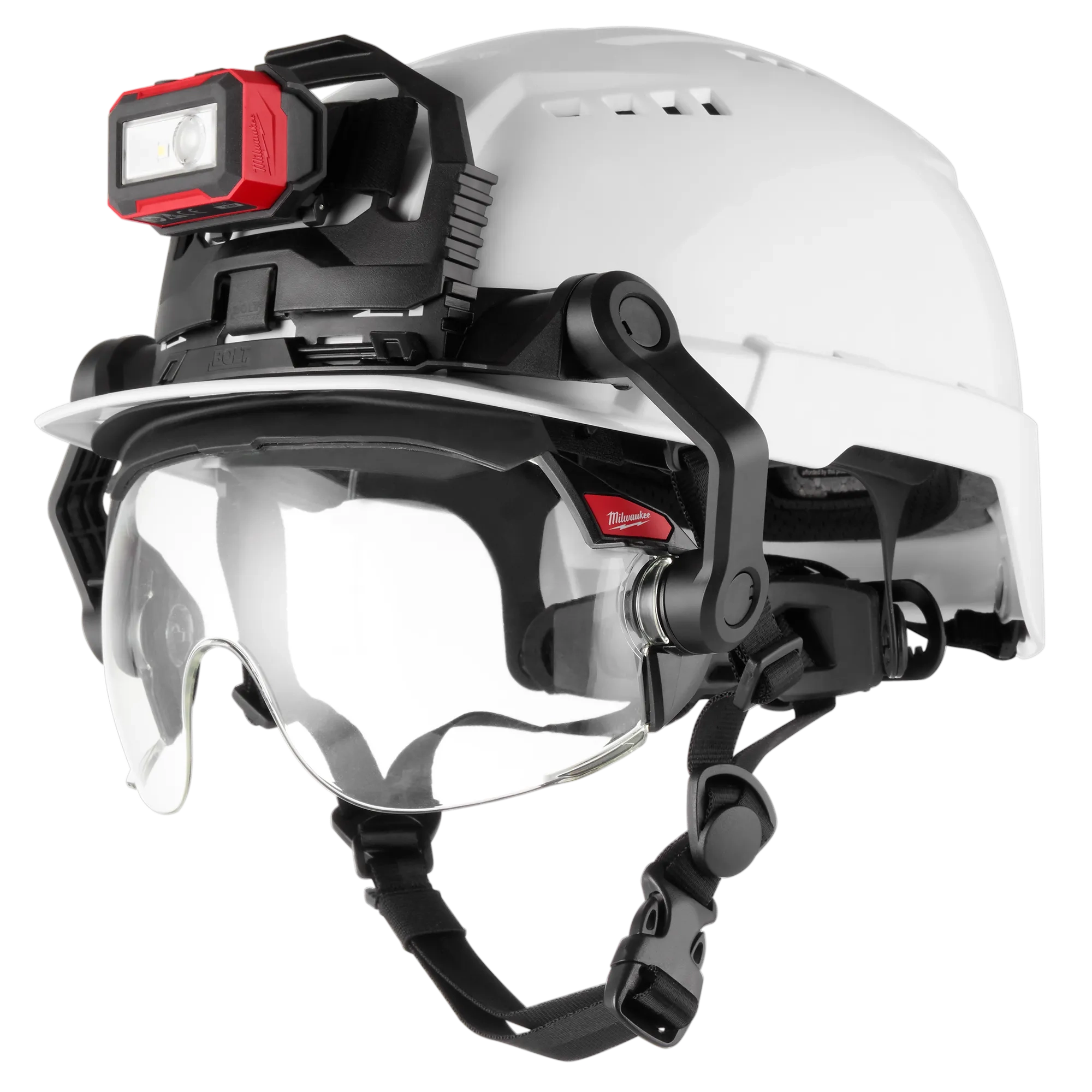 Image of the Milwaukee BOLT Clear Dual Coat Lens Gasketed Eye Visor on a BOLT helmet