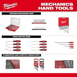 Mechanics hand tools include ratchets and socket sets, picks and pry bars, and combination and flare nut wrench sets