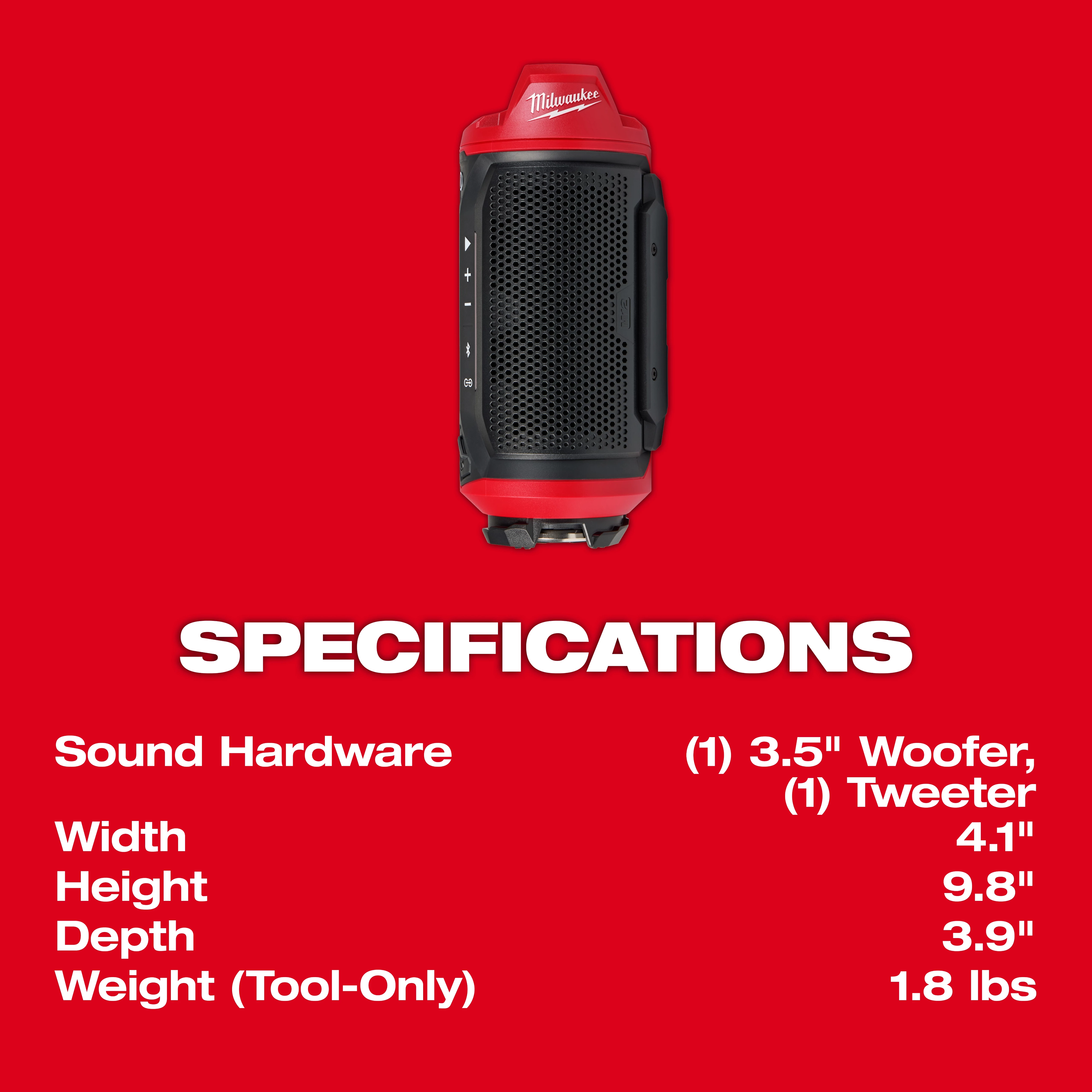 The image shows the M12™ Bluetooth® Jobsite Speaker with PACKOUT™ Compatibility specifications. It features a woofer and a 3.5" tweeter. Dimensions are 4.1" width, 9.8" height, and 3.9" depth. The tool-only weight is 1.8 lbs. The background is red with the specifications in white text.