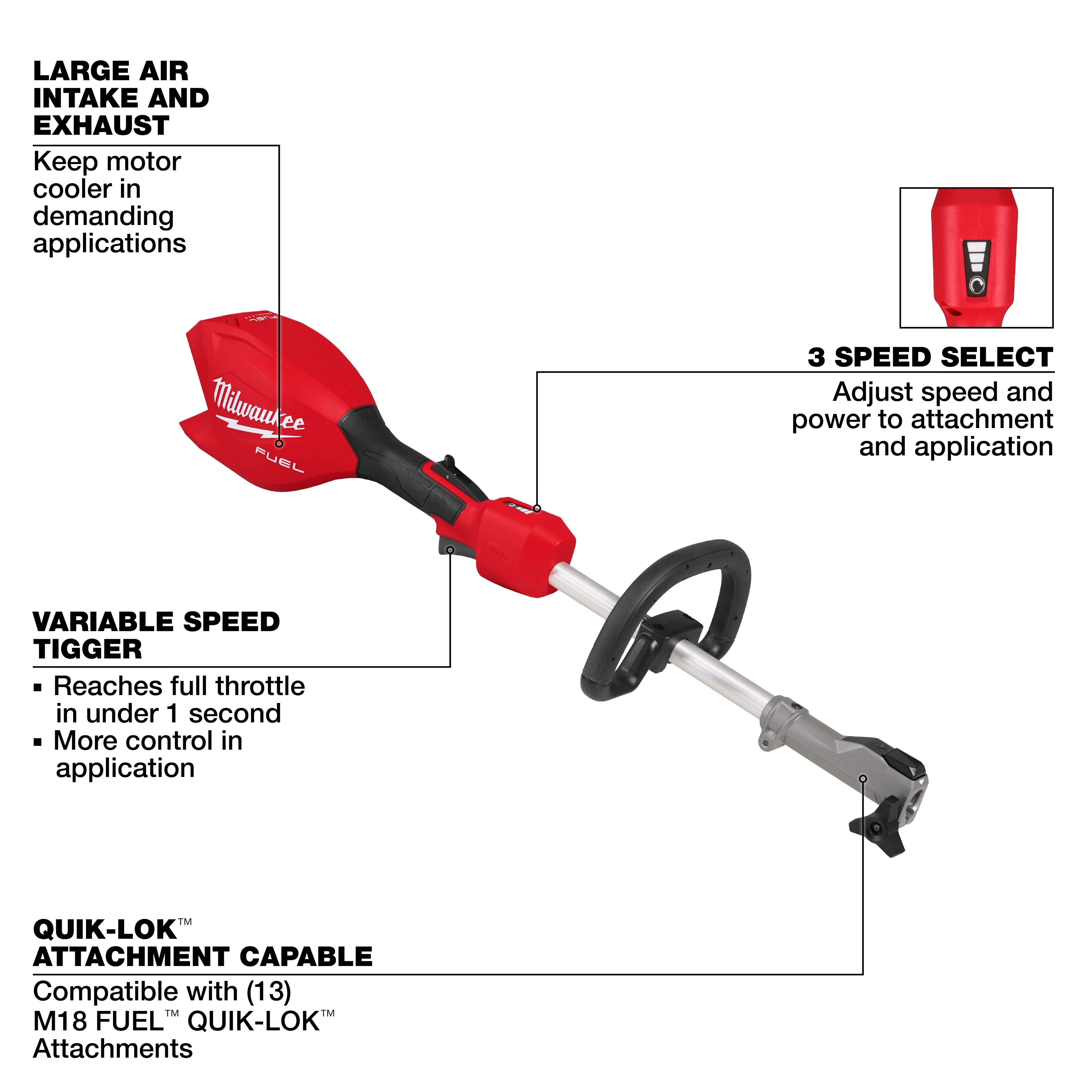 The image shows an M18 FUEL™ Power Head w/ QUIK-LOK™. Features highlighted include a large air intake and exhaust for cooler operation, a variable speed trigger for rapid throttle response, a 3-speed select for adjusting speed and power, and compatibility with 13 M18 FUEL™ QUIK-LOK™ attachments. The power head is red and black with an ergonomic handle and attachment capability.