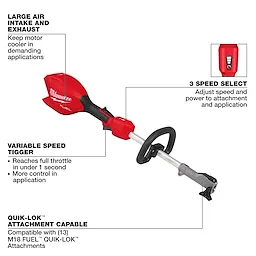 The image shows an M18 FUEL™ Power Head w/ QUIK-LOK™. Features highlighted include a large air intake and exhaust for cooler operation, a variable speed trigger for rapid throttle response, a 3-speed select for adjusting speed and power, and compatibility with 13 M18 FUEL™ QUIK-LOK™ attachments. The power head is red and black with an ergonomic handle and attachment capability.