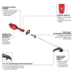 The image shows the M18 FUEL™ String Trimmer w/ QUIK-LOK™ Kit. Key features include: variable speed trigger, large air intake and exhaust, 14"-16" adjustable cutting swath, 3-speed select, QUIK-LOK™ attachment capability, and an easy load trimmer head. Each feature is labeled and explained in text boxes around the trimmer. The red and black trimmer is displayed with emphasis on its ergonomic handle and cutting head.