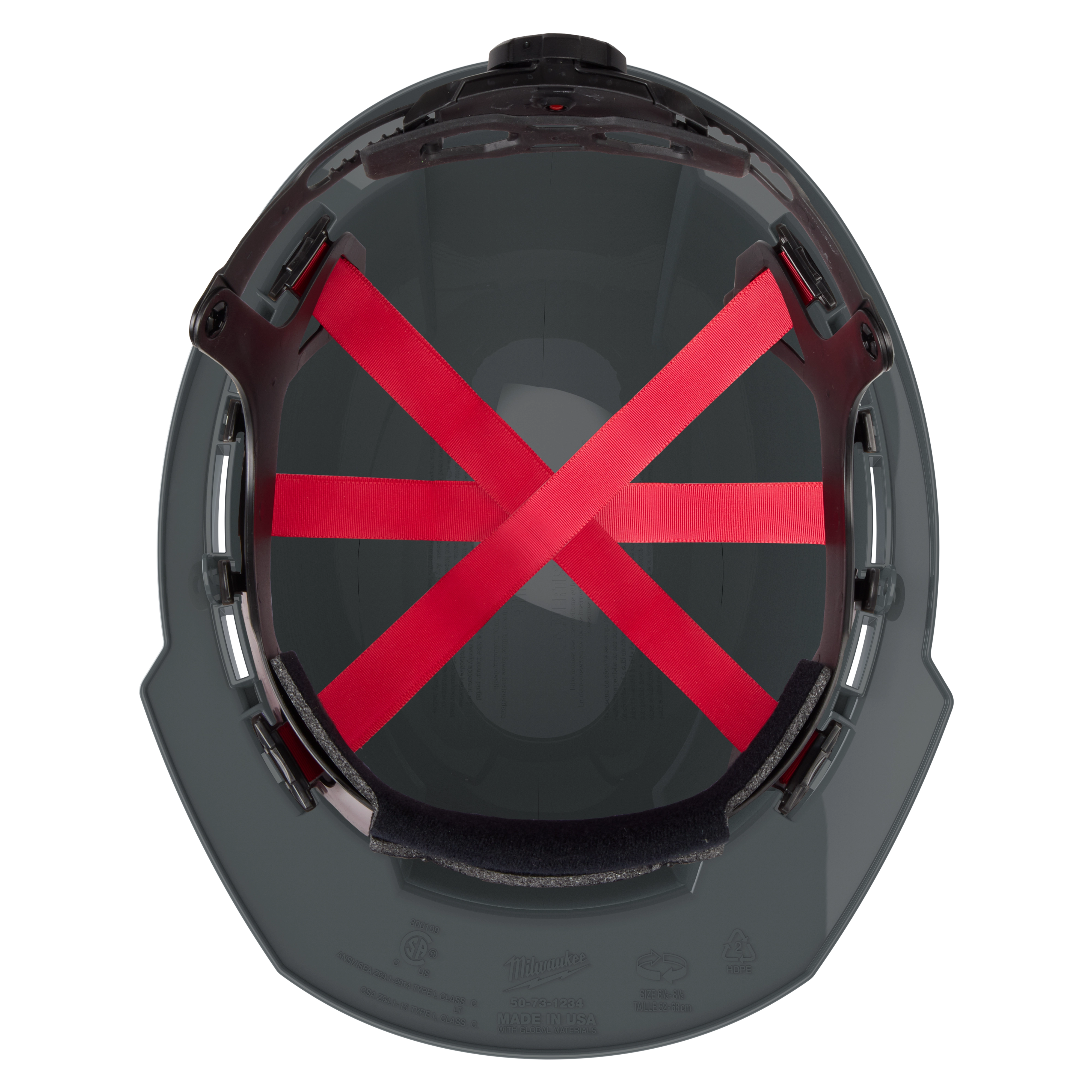 Interior view of a hard hat, showing red suspension straps and grey plastic shell.