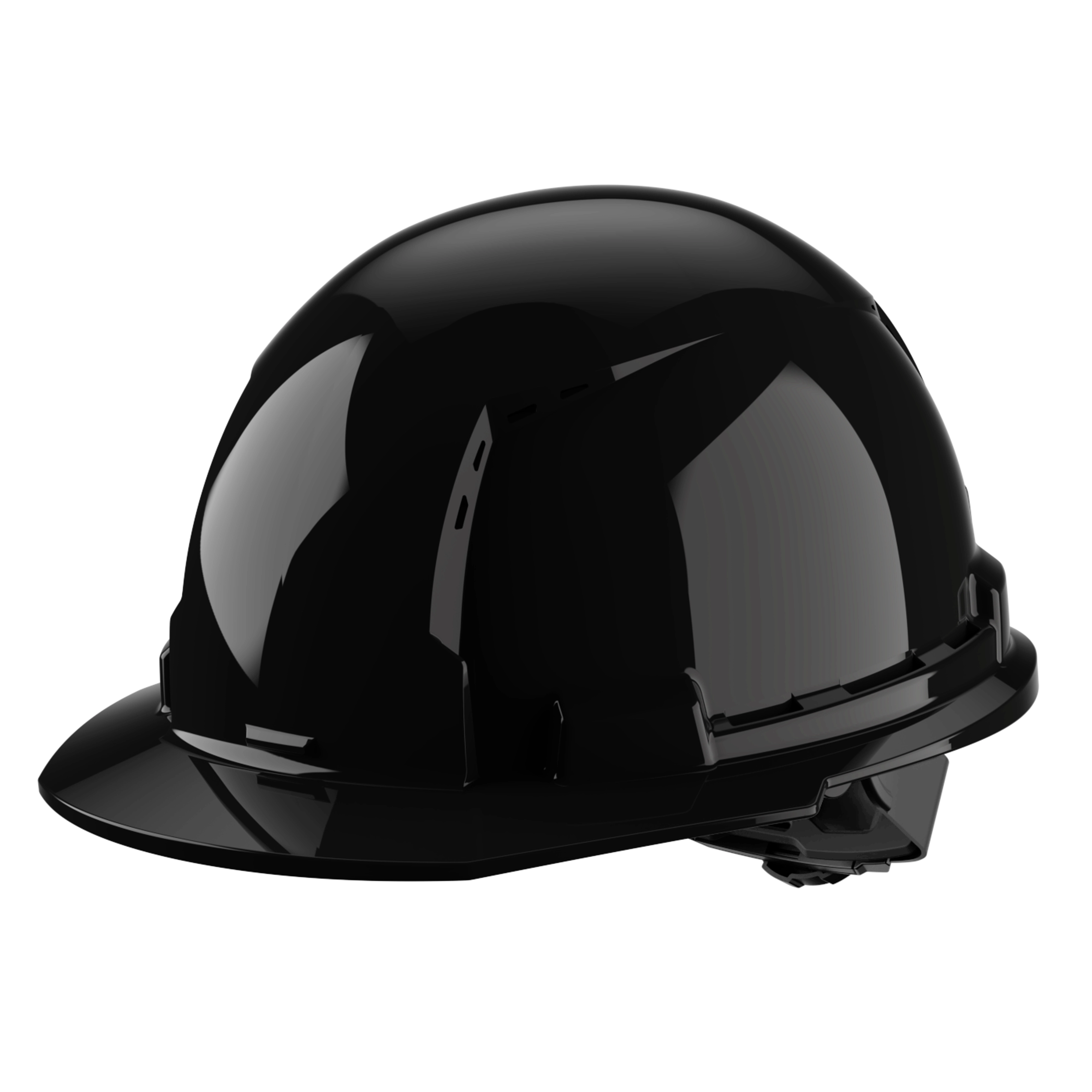 Black construction hard hat with a brim, shown from a side angle.