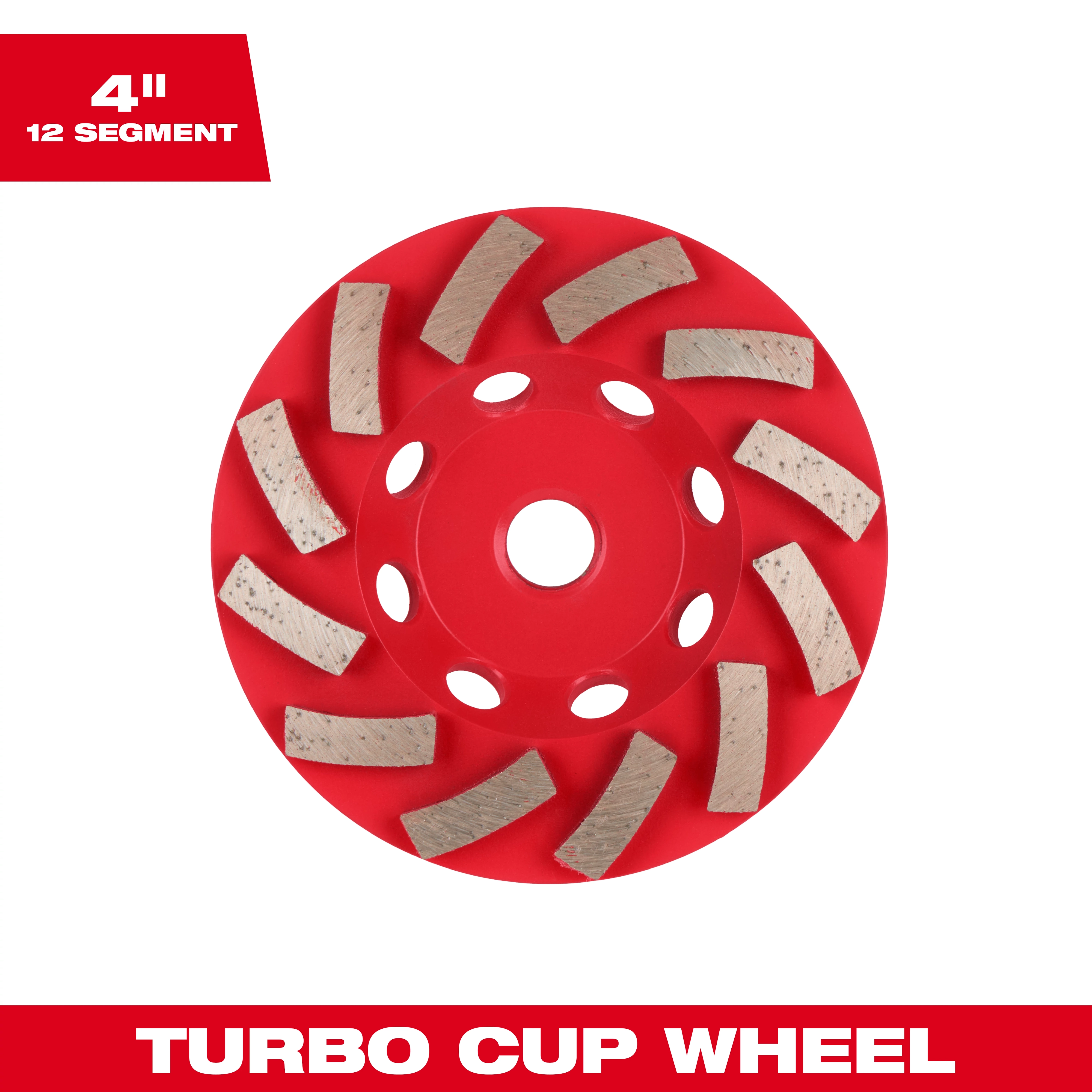 Image of a 4" DIAMOND MAX™ Turbo Diamond Cup Wheel - 12 Segment. The wheel is red with 12 silver segments arranged in an alternating pattern. It features several circular holes near the center. Text "4" 12 SEGMENT" appears in the top left, and "TURBO CUP WHEEL" at the bottom.