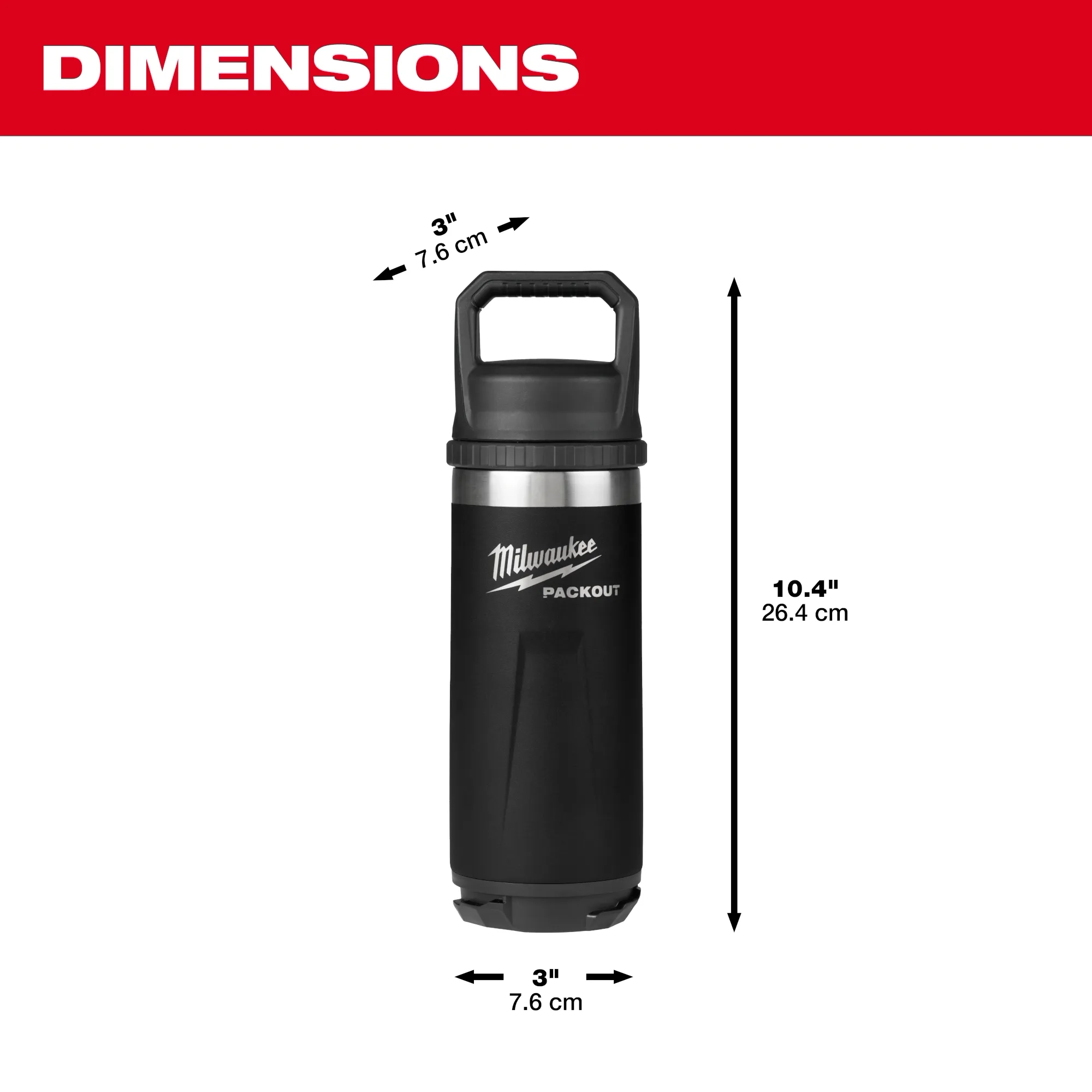 Image of the Milwaukee PACKOUT 18oz Insulated Bottle with Chug Lid in black and its dimensions