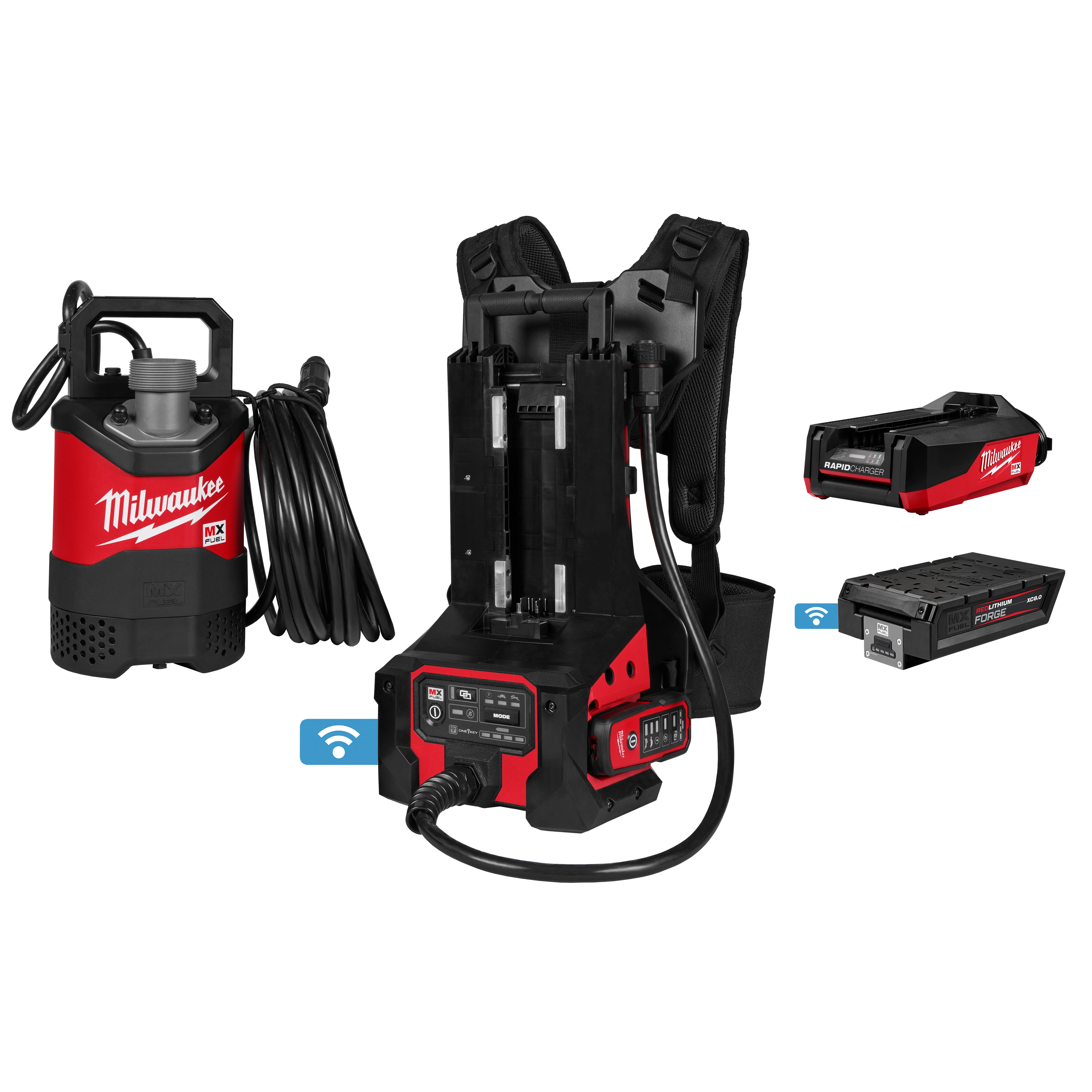 The image shows an MX FUEL™ 1HP 2" Submersible Pump Kit by Milwaukee. It includes a submersible pump, a battery pack with a backpack-style battery holder, and connectors. The pump and battery are primarily red and black, and the kit appears to have wireless connectivity capabilities.