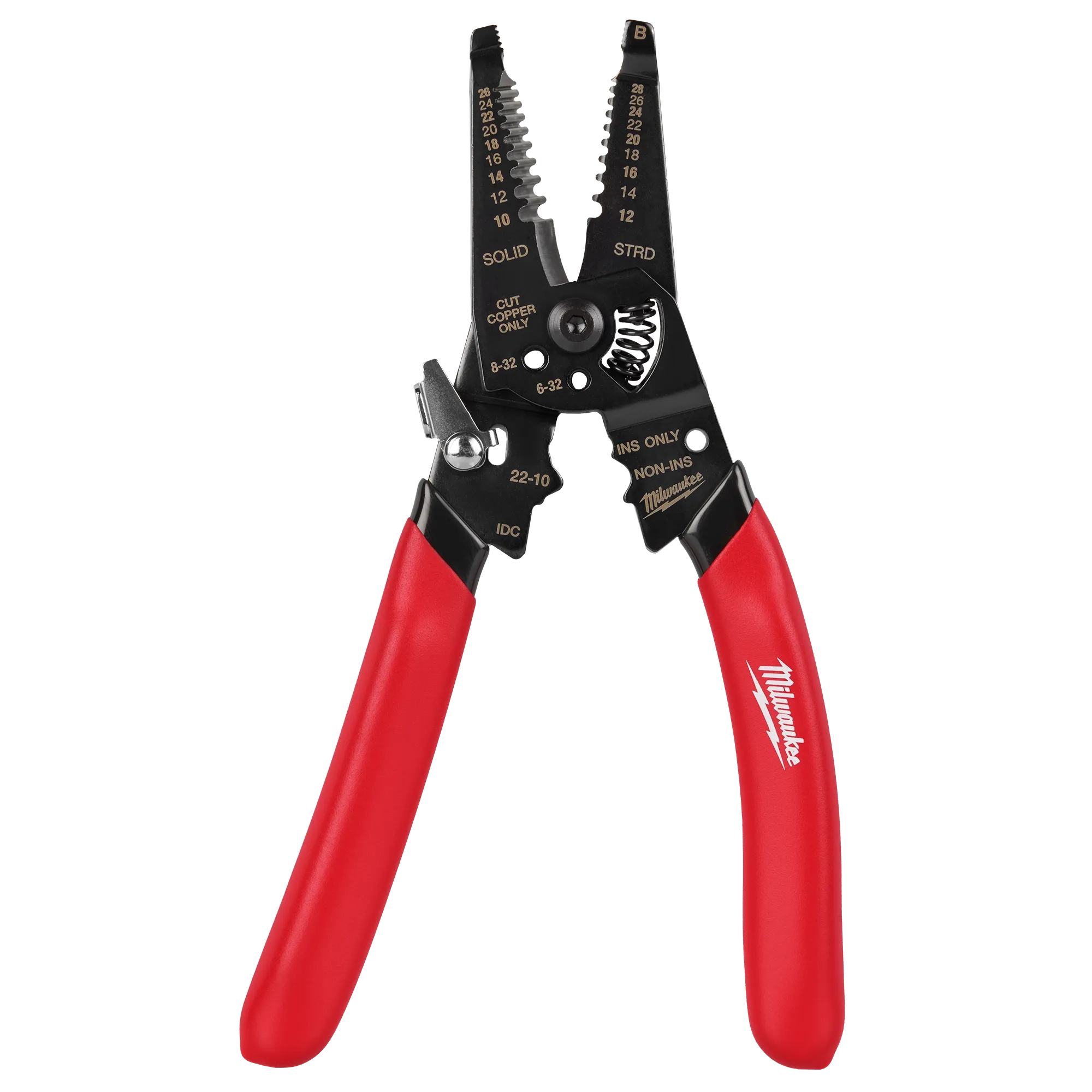 The 10-28 AWG Multi-Purpose Dipped Grip Wire Stripper & Cutter with Reinforced Head with the head open