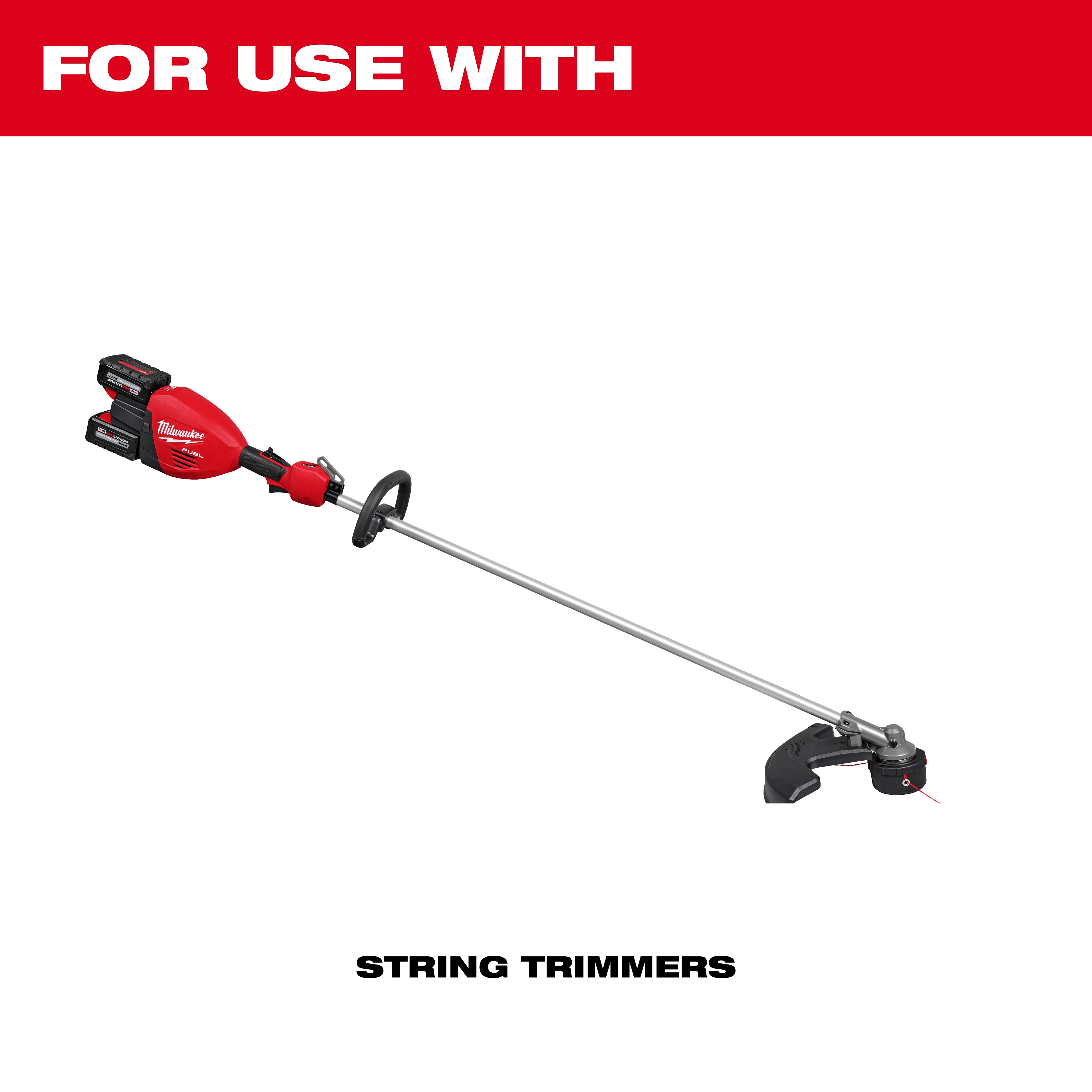 Red and black string trimmer displayed with the text "FOR USE WITH STRING TRIMMERS" above and below it.