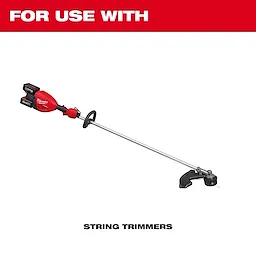 Red and black string trimmer displayed with the text "FOR USE WITH STRING TRIMMERS" above and below it.