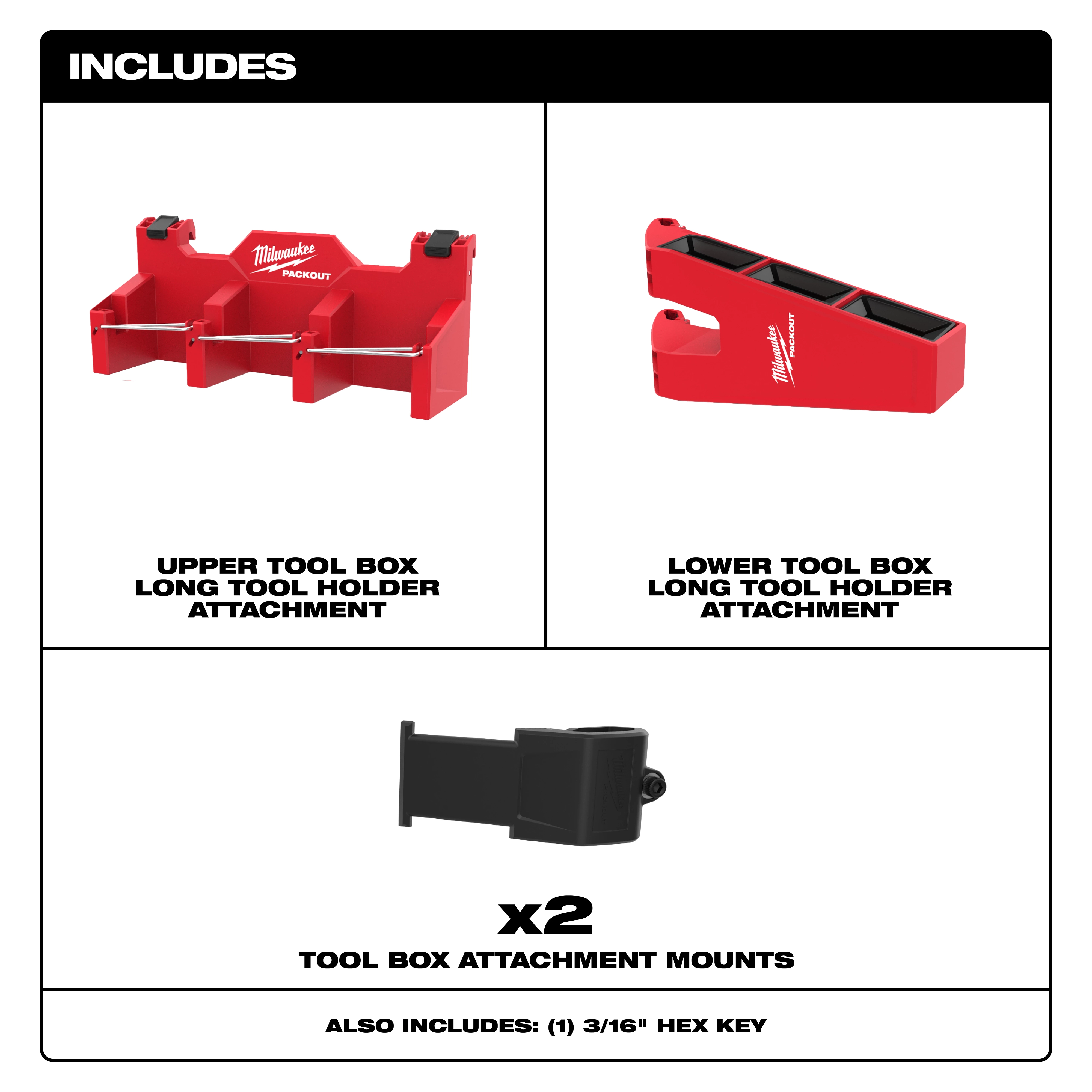 The image shows the contents of a tool set, including the upper tool box long tool holder attachment, the lower tool box long tool holder attachment, two tool box attachment mounts, and one 3/16" hex key. Each item is shown with a label and a black border.