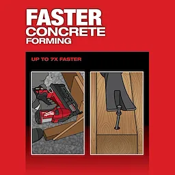 Image of the Milwaukee M18 FUEL Duplex Nailer being used to drill into wood with the text "faster concrete forming - up to 7x faster"