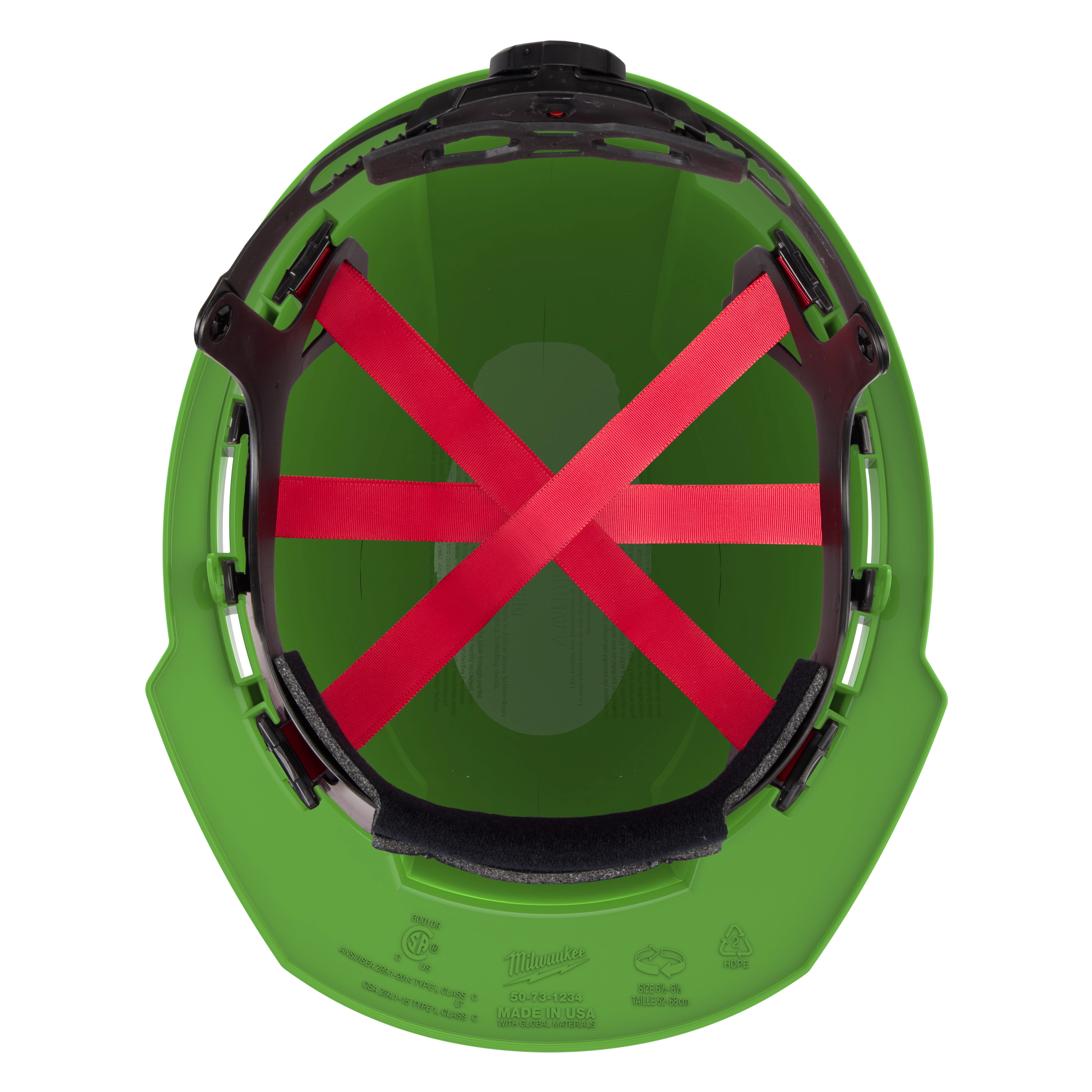 Inside view of a green safety helmet with red straps and black padding.