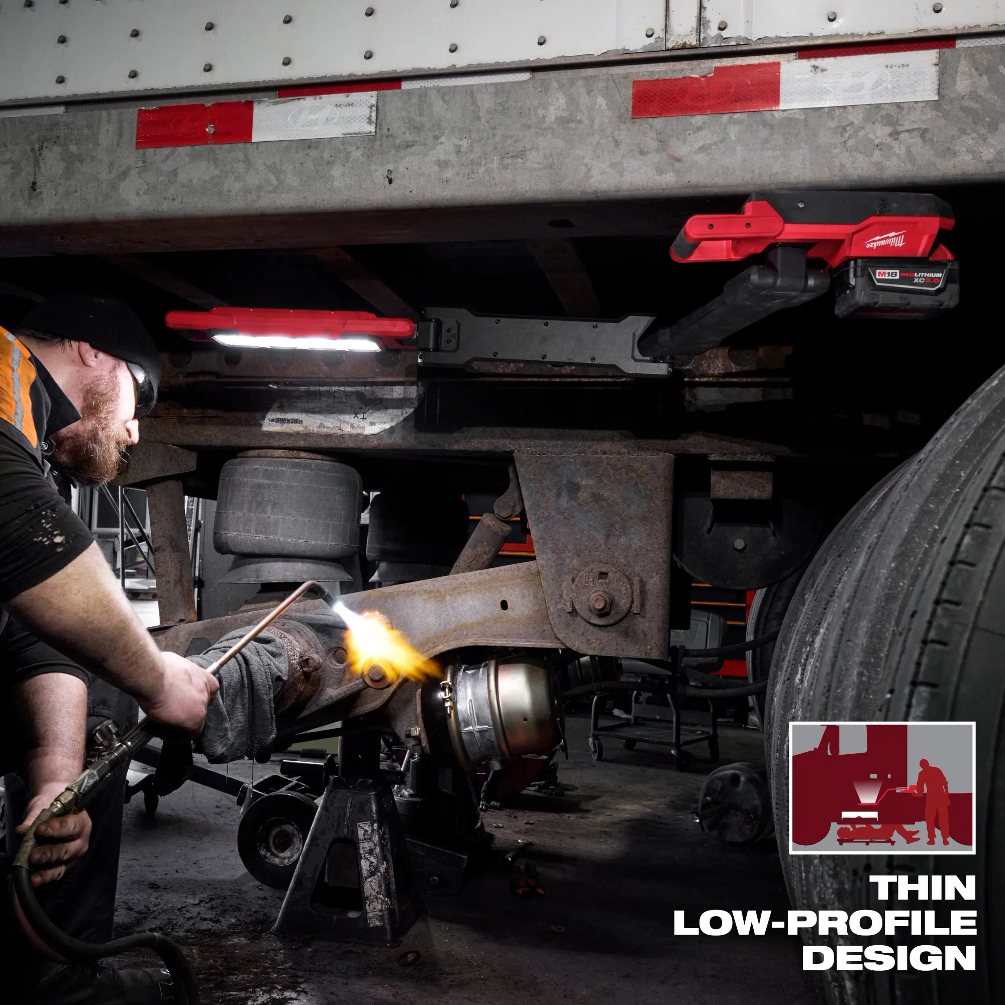 Image of a worker using the Milwaukee M18 Magnetic Extendable Boom Light on a jobsite with the text "Thin Low-Profile Design"