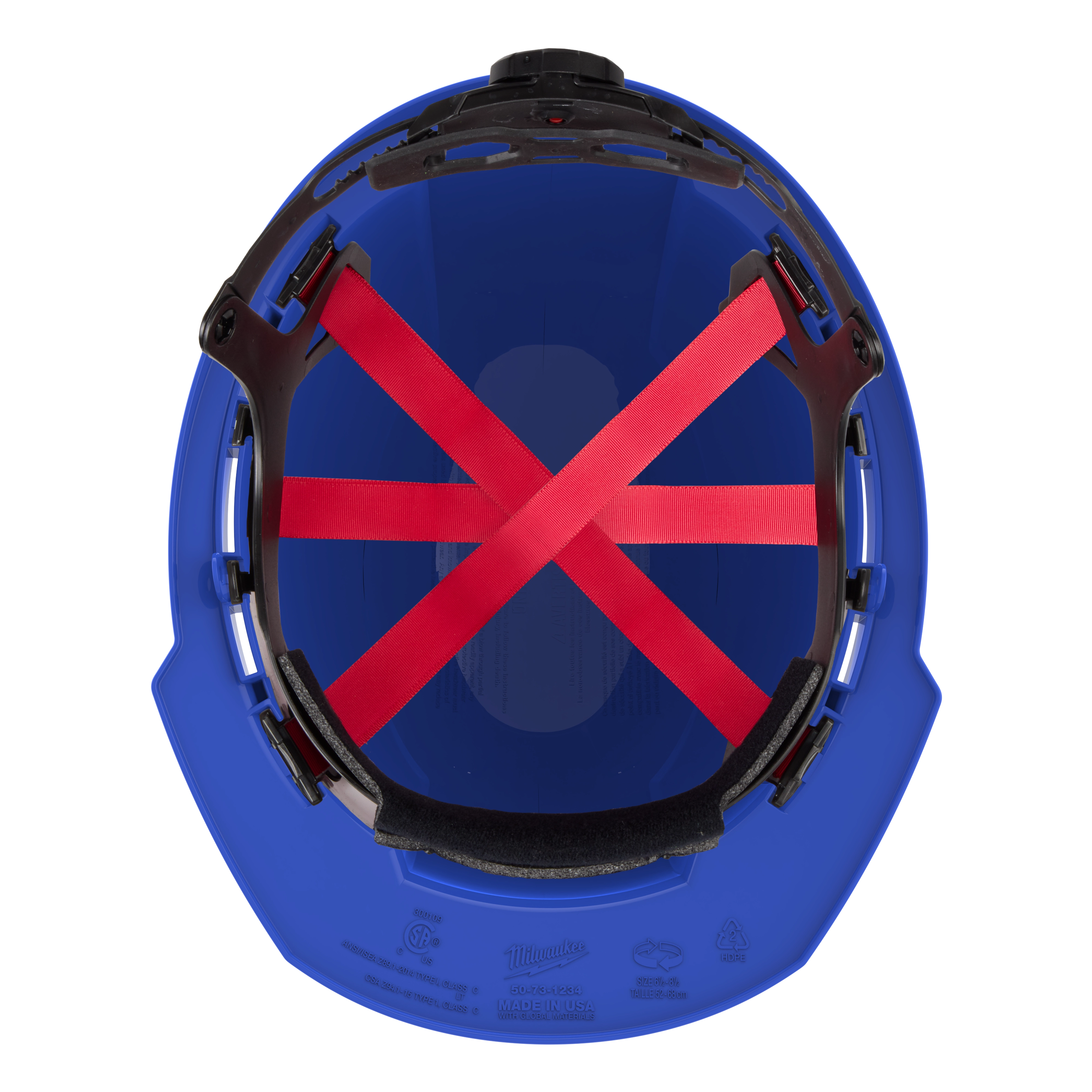 Interior view of a blue safety helmet with red straps.