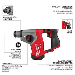 Milwaukee cordless hammer drill with anti-vibration, shadowless lighting, SDS Plus chuck, three modes, brushless motor, and hanging hook.