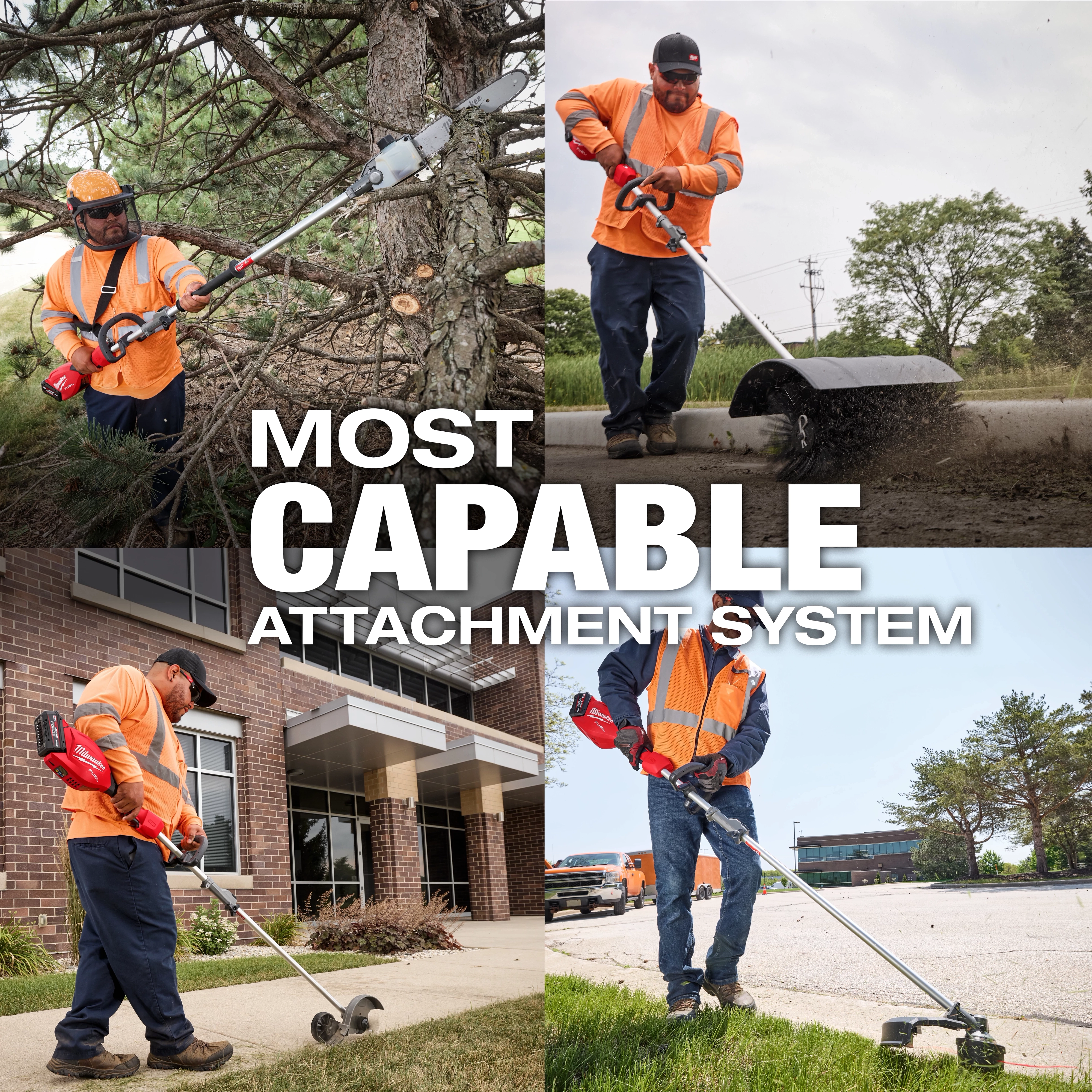 A collage showing various uses of the M18 FUEL™ Power Head with QUIK-LOK™ system. The images depict people using the tool for trimming branches, edge trimming, sidewalk cleaning, and grass trimming. The text reads "MOST CAPABLE ATTACHMENT SYSTEM." The individuals are wearing orange vests and using different attachments for various landscaping tasks.