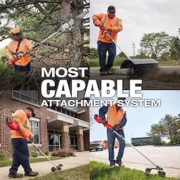 A collage showing various uses of the M18 FUEL™ Power Head with QUIK-LOK™ system. The images depict people using the tool for trimming branches, edge trimming, sidewalk cleaning, and grass trimming. The text reads "MOST CAPABLE ATTACHMENT SYSTEM." The individuals are wearing orange vests and using different attachments for various landscaping tasks.