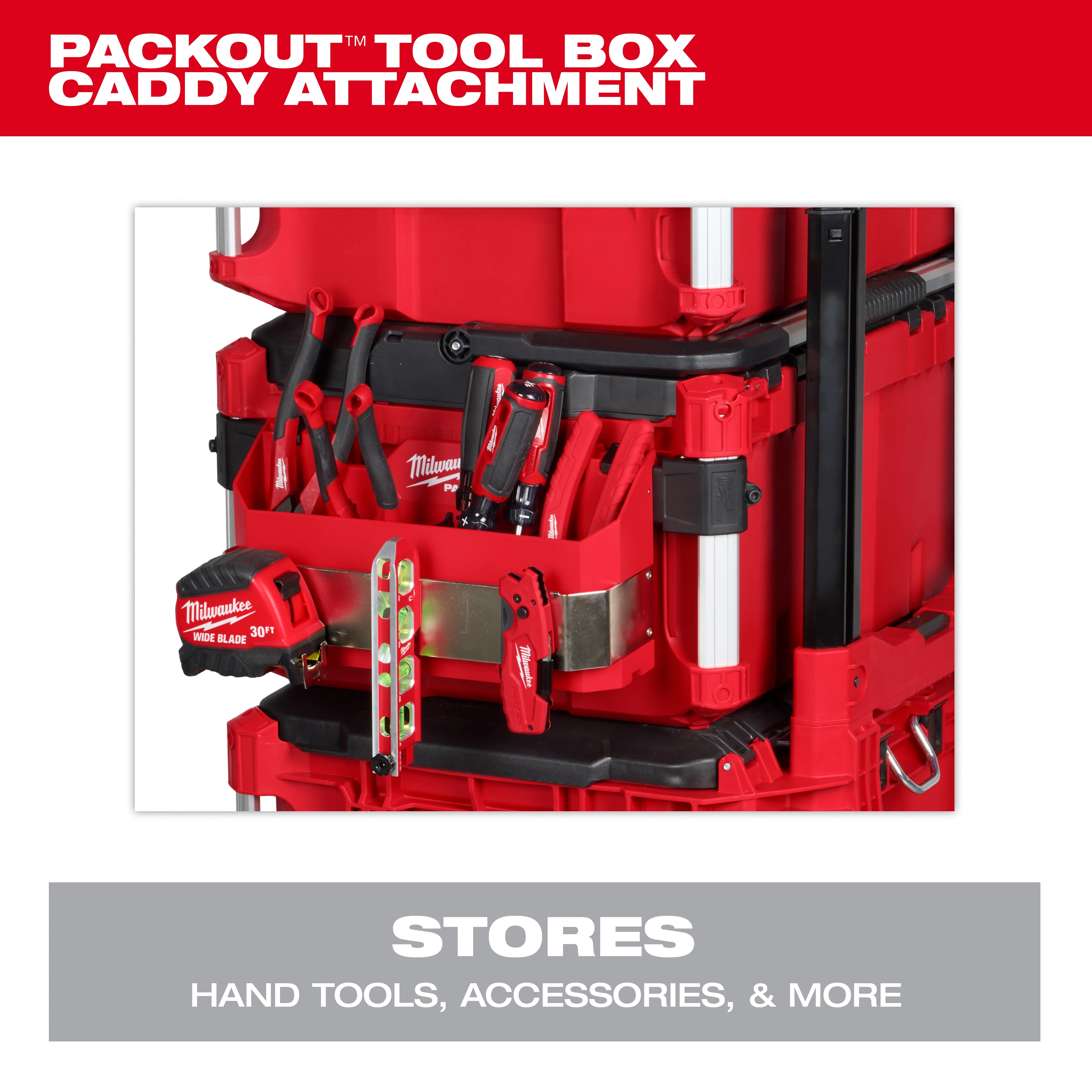 The image shows a Packout Tool Box Caddy Attachment by Milwaukee. It is attached to a red tool storage unit and holds various hand tools and accessories. The grey text underneath reads, "STORES HAND TOOLS, ACCESSORIES, & MORE."