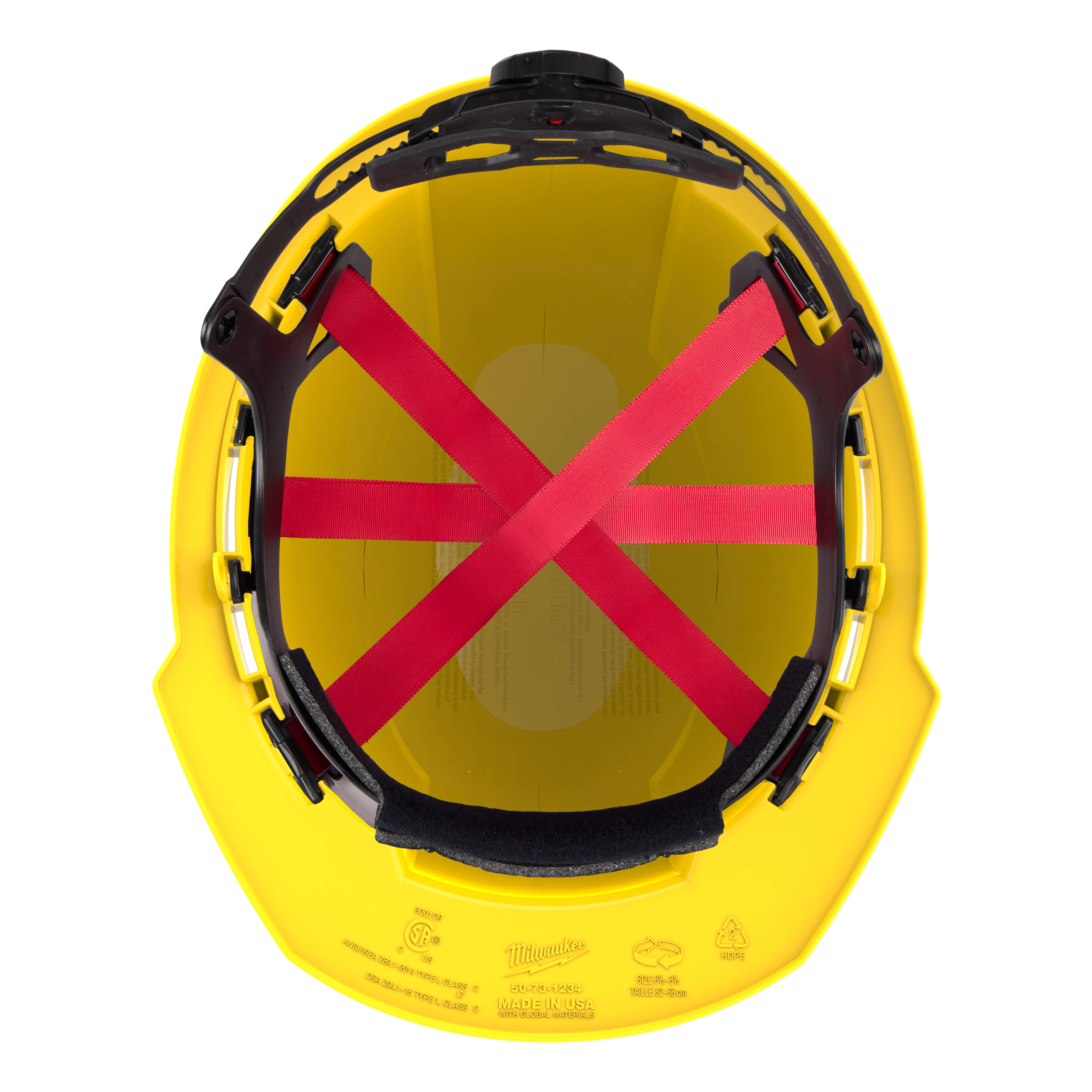 Yellow hard hat interior with red suspension straps and black padding.