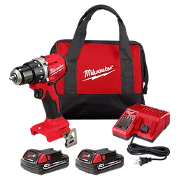 M18 Compact Brushless 1/2" Drill/Driver, carrying case, two batteries, and a charger