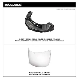 Image showing components of a face shield: a Bolt full face shield frame and a clear, uncoated face shield lens.