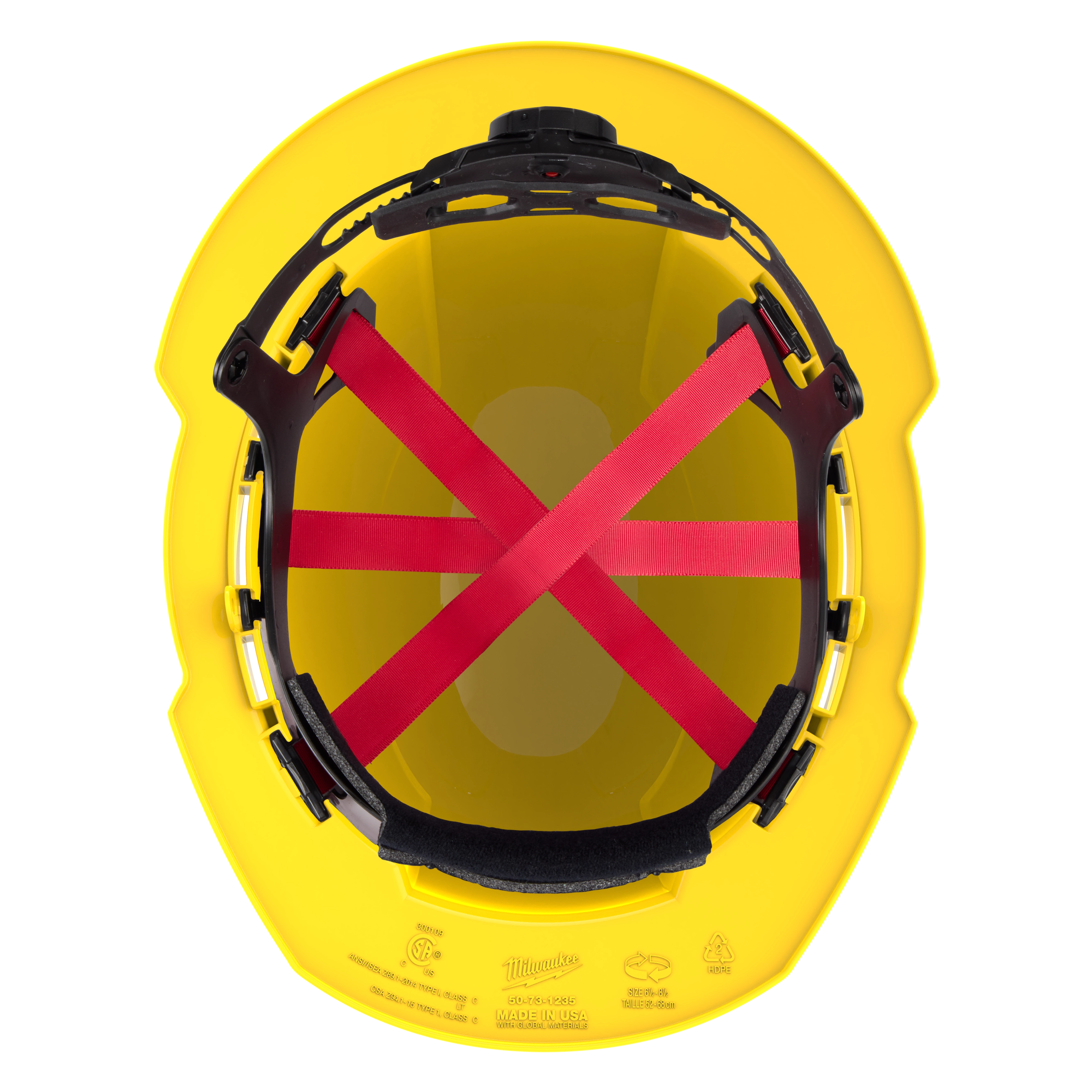 Interior view of a yellow safety helmet with black padding and red straps.